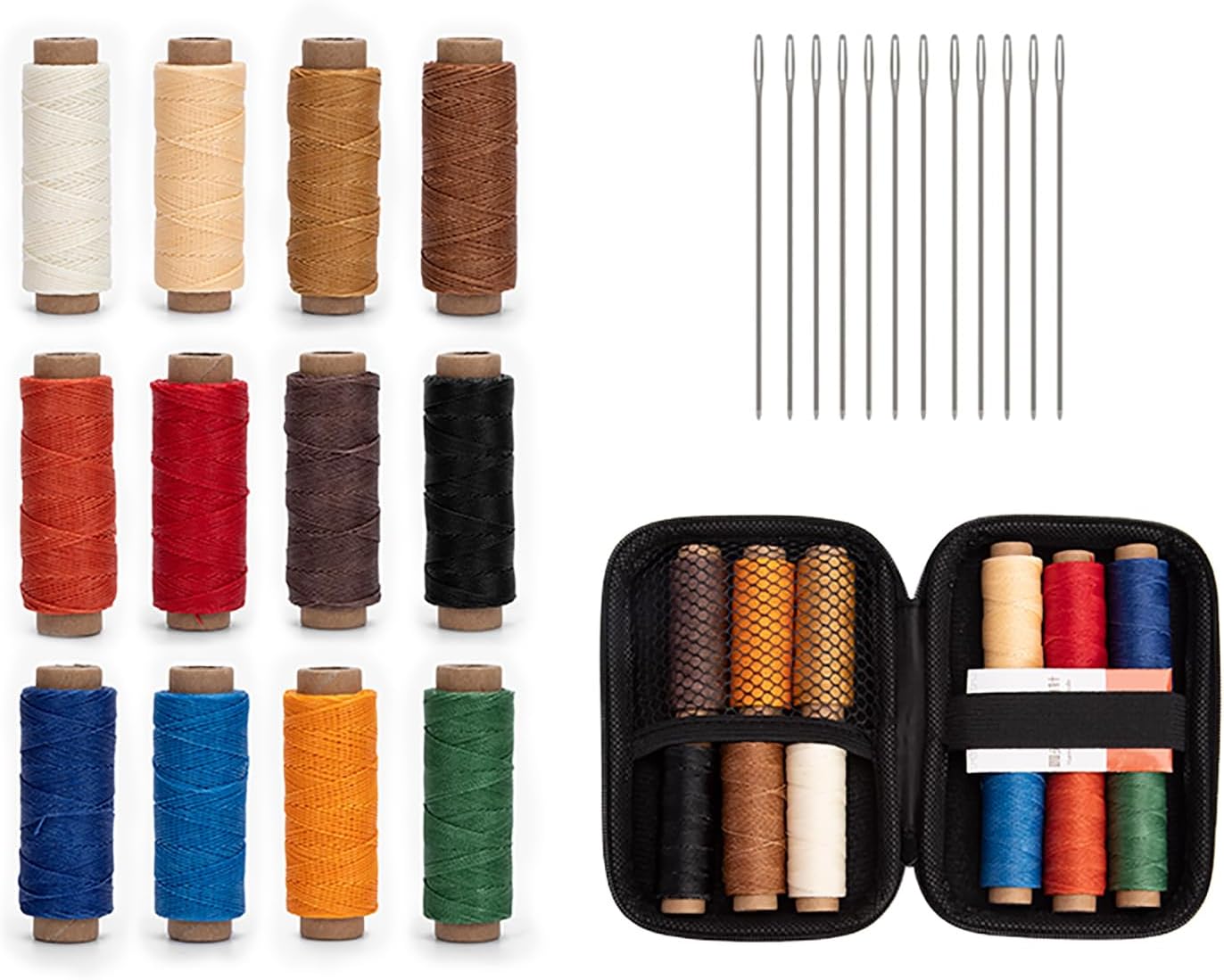WUTA Leather Waxed Thread Round Polyester Sewing Threads Leather Craft Hand Stitching Line DIY Bracelet Thread Repair Work Cord with 12 Pcs Needles and Storage Bag (0.65mm)