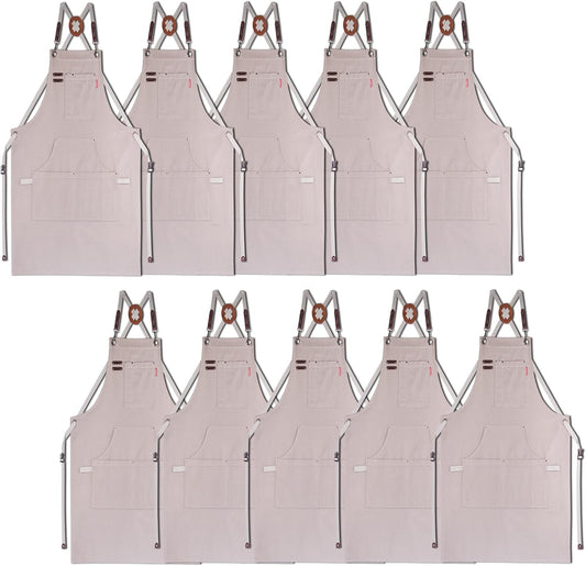 10 Pack Kitchen Aprons, Work Apron, Canvas, Multiple Pockets, Gardening, Painting, BBQ, Artist, Carpenter, Sizes M to XXL, Grey