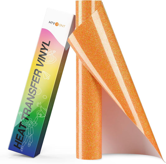 HTVRONT Glitter HTV Heat Transfer Vinyl - 10" x 8ft Neon Orange Glitter HTV Vinyl for Shirts, Glitter Iron on Vinyl for All Cutting Machine - Easy to Cut & Weed (Neon Orange Glitter)