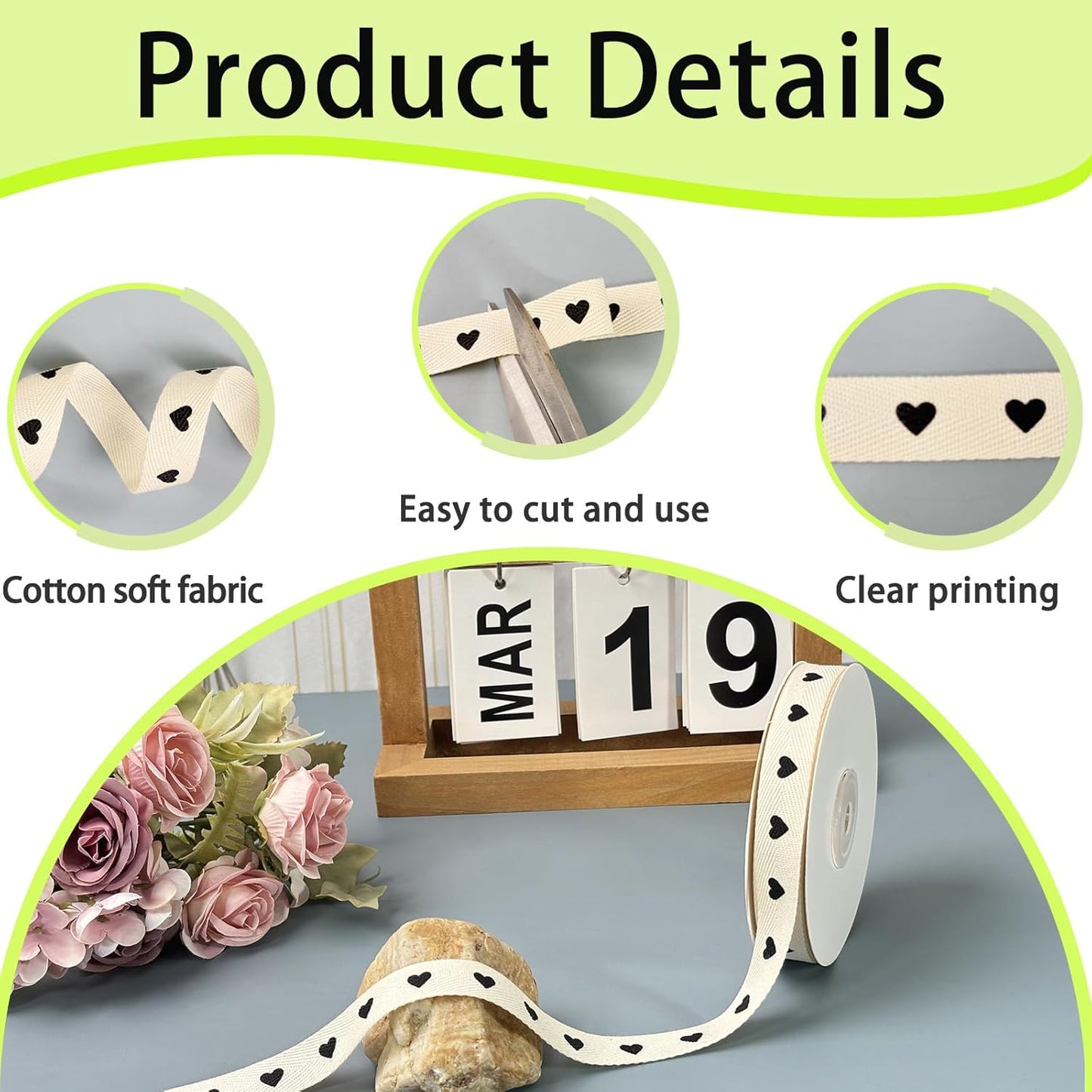 Cotton Herringbone Ribbon - Natural Twill Tape for Custom Gift Wrapping & DIY Crafts-5/8 Inch x 15 Yards - Black Heart Print