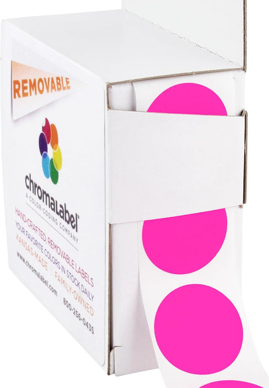 ChromaLabel 1 Inch Circle Sticker Labels, High Visibility Round Colored Stickers, Removable Sticky Dots - 1000 Dot Labels per Dispenser Box, Fluorescent Pink Stickers
