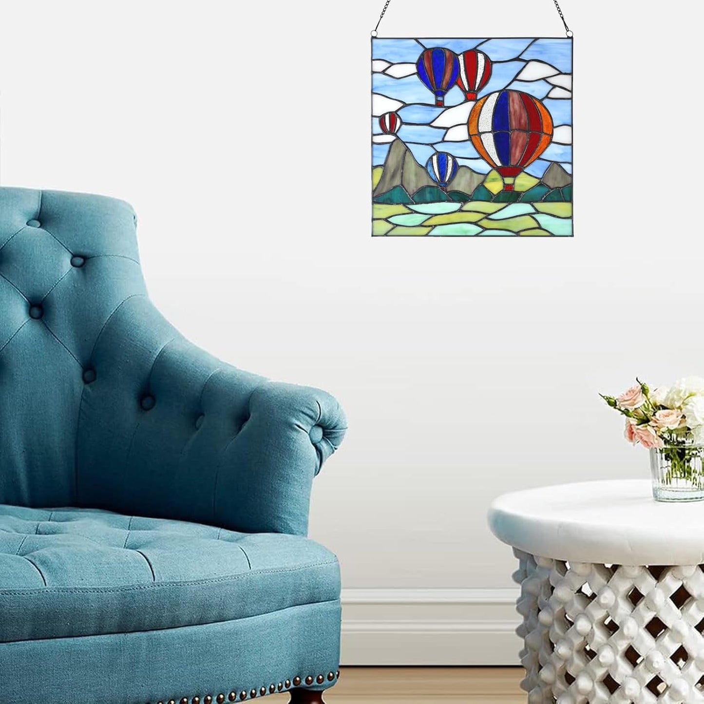 PA0002 Stained Glass Hanging Panel-12 Wx12 H Window Suncatcher Window Décor Tiffany Style Wall Décor Hanging Art,Hot Air Balloons.