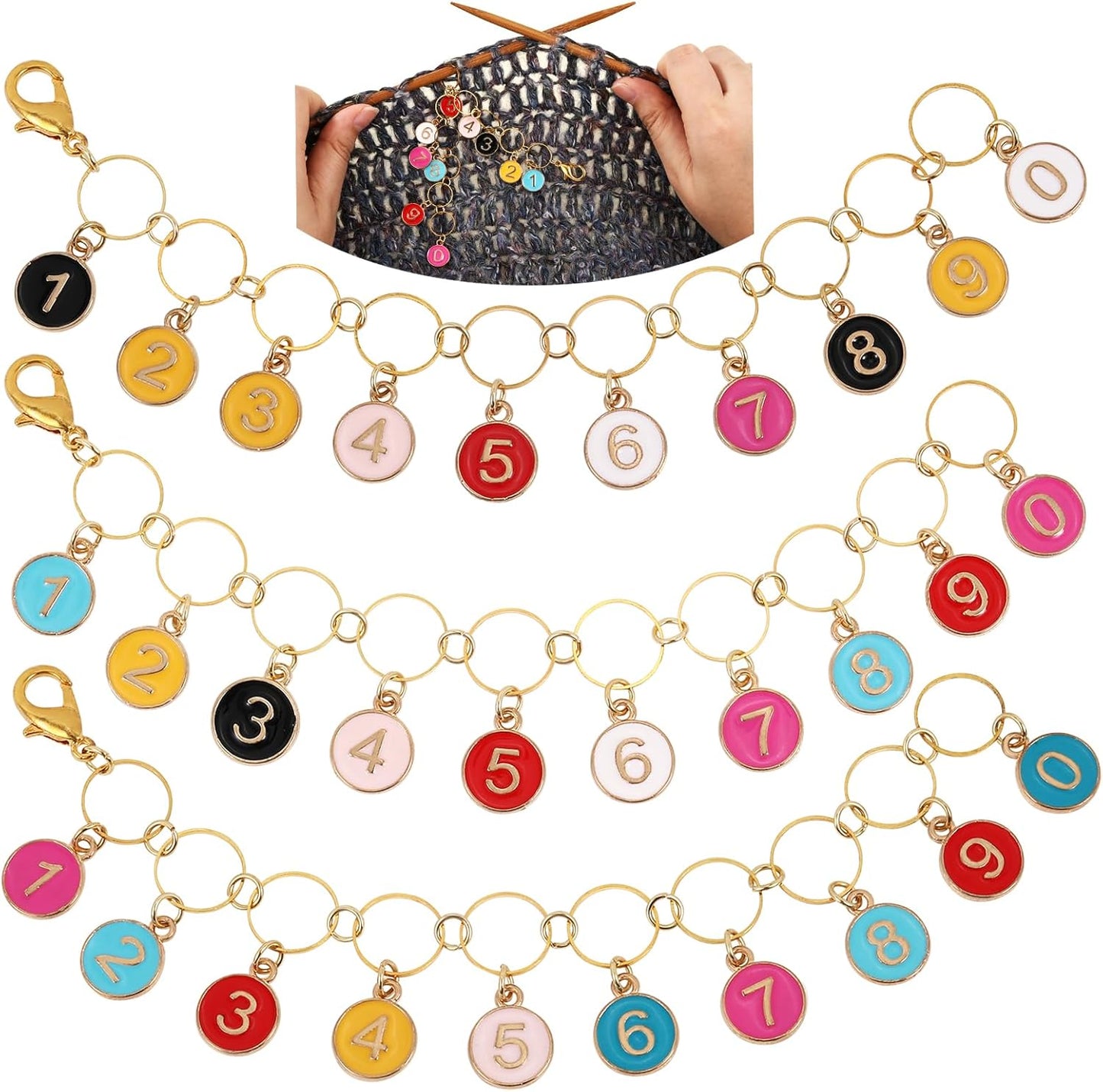 COGCHARGER 3Pcs Flat Round with Number Alloy Enamel Charms Knitting Row Counter Chains for Knitting and Crochet Stitch Markers