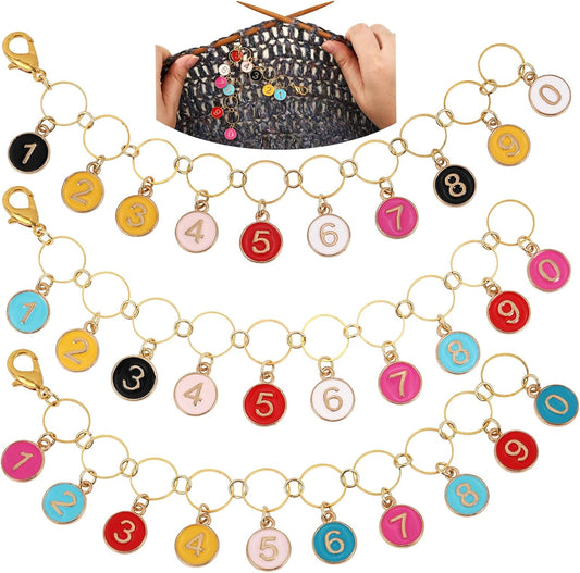 COGCHARGER 3Pcs Flat Round with Number Alloy Enamel Charms Knitting Row Counter Chains for Knitting and Crochet Stitch Markers