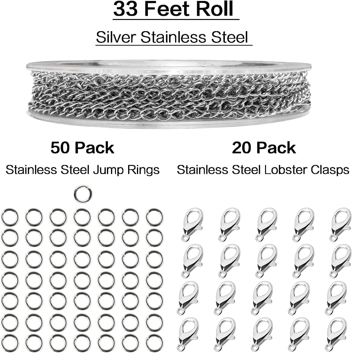 Jishi 33ft Necklace Extender Chain 3mm Silver Stainless Steel Curb Link Chain for Jewelry Making, Bracelet Necklace Extender DIY, Keychain Craft Supplies, Metal Chain Roll w/Lobster Clasps, Jump Rings