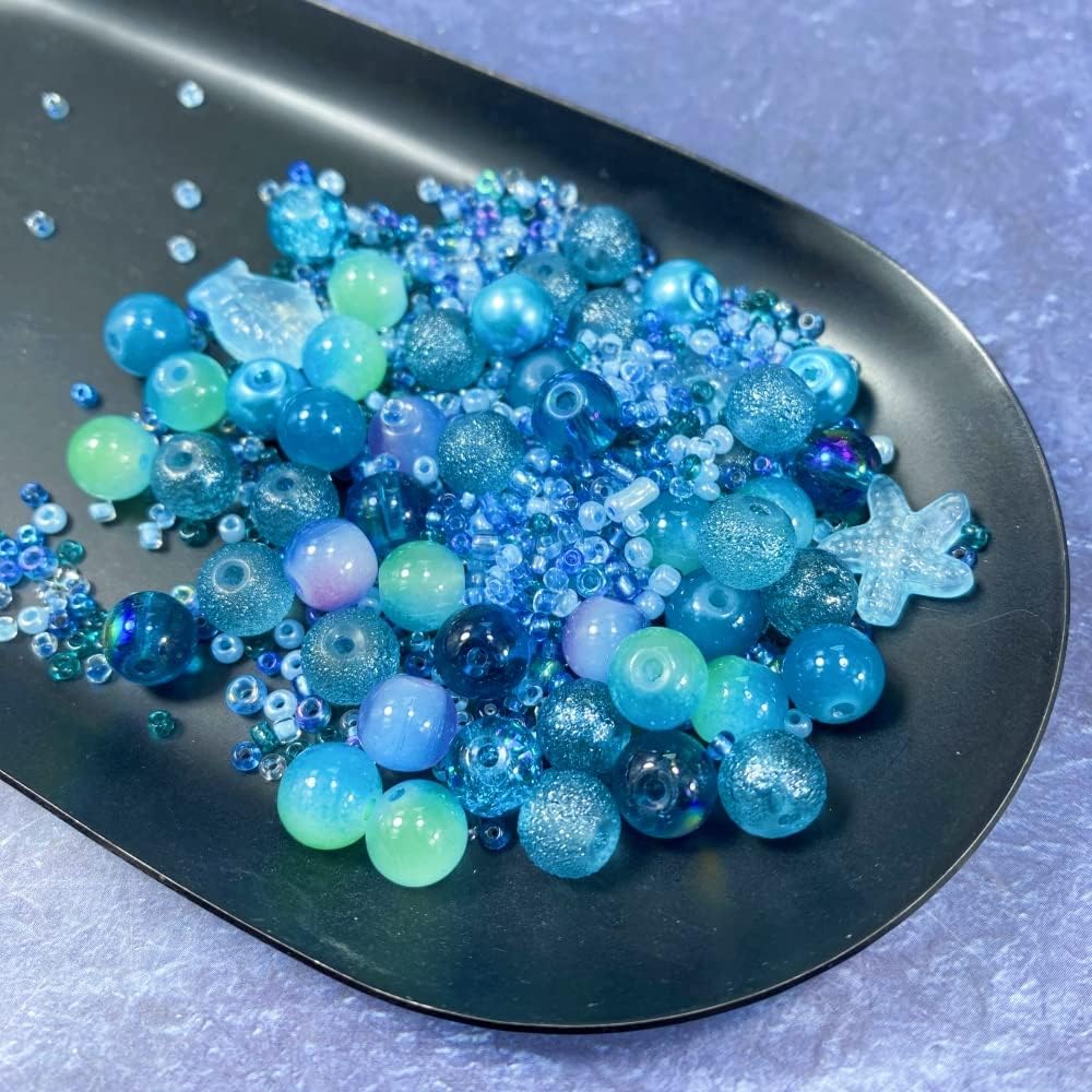 Assorted Glass Resin Beads Multi Size Colors Smooth Cracked Gravel Millet Spacer Beads for Bracelets Necklace Earring DIY Jewelry Making Craft(Starry Sky Blue Series)