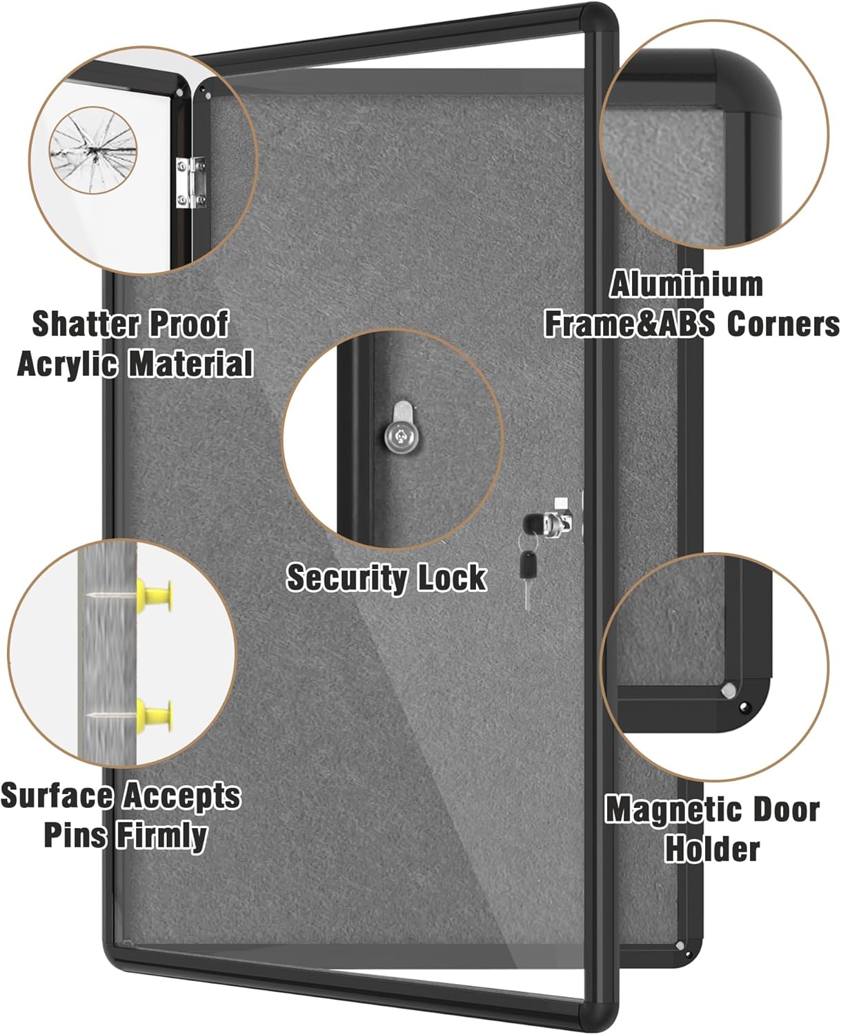 36"x24" Enclosed Bulletin Board, Lockable Weather-Resistant Aluminum Cork Noticeboard for School & Office, Black Frame w/Grey Flet