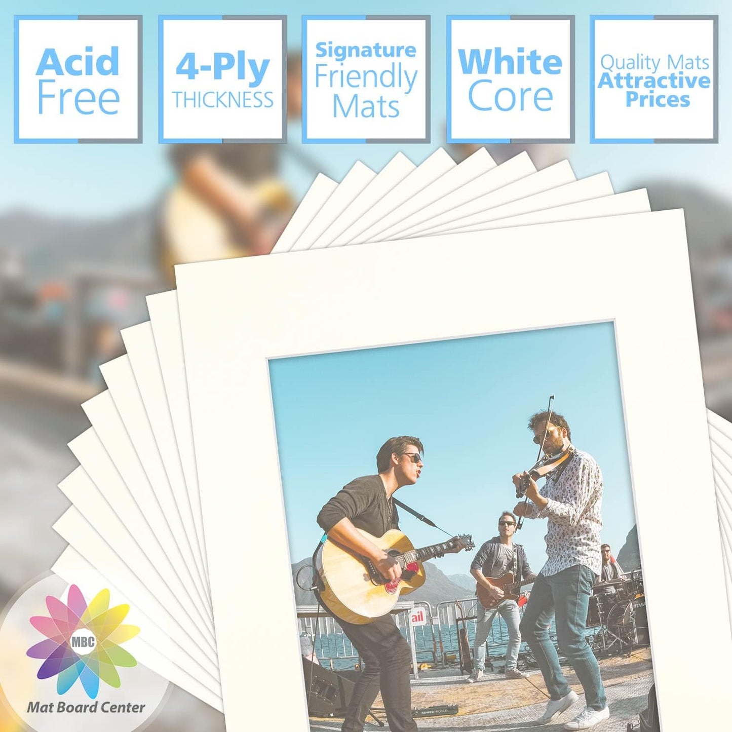 Mat Board Center, Pack of 10, 11x14 for 8x10 Ivory Turret Color Mats - Bevel Cut, Acid Free, 4-ply Thickness, White Core - for Pictures, Photos, Framing