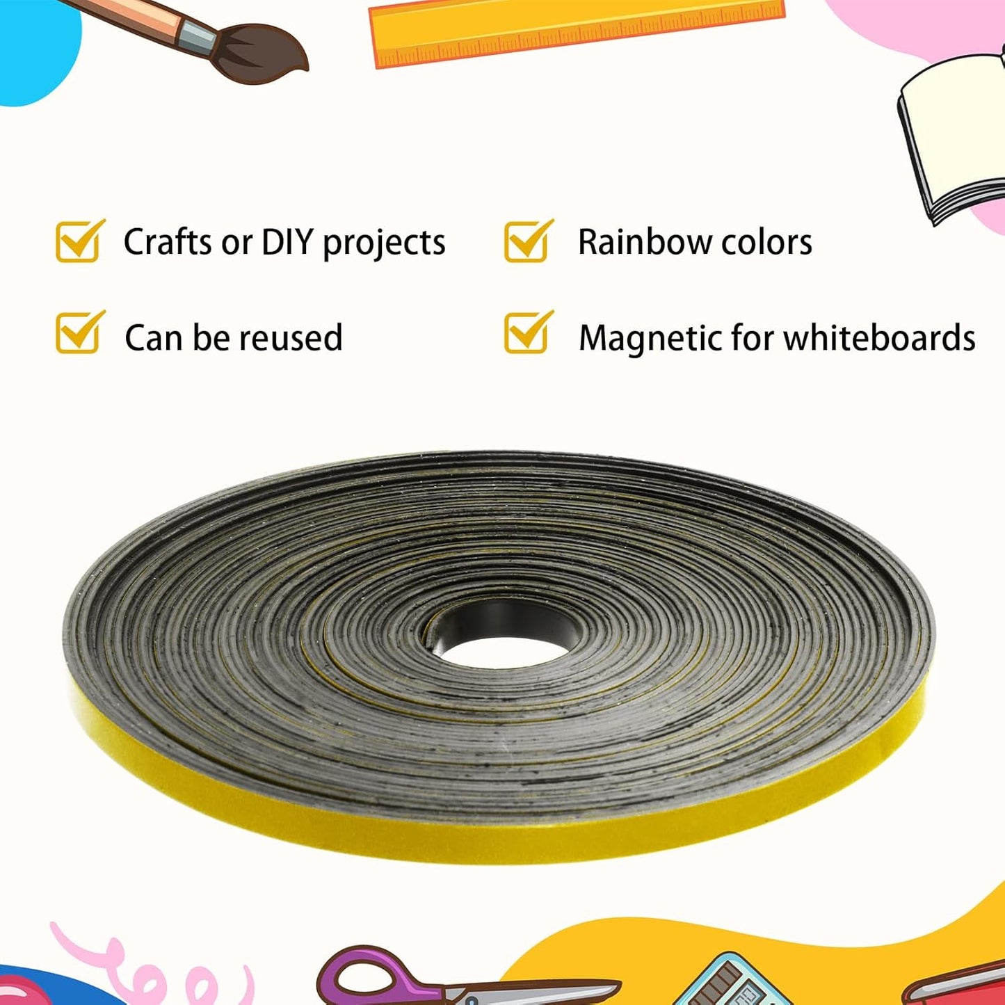 Magnetic Tape Roll Thin Strips, 0.39 Inch x 66 Feet Magnetic Board Dividers Whiteboard Graphic Decorative Tape Marking Line for Classroom Office Art Accessories(Yellow)