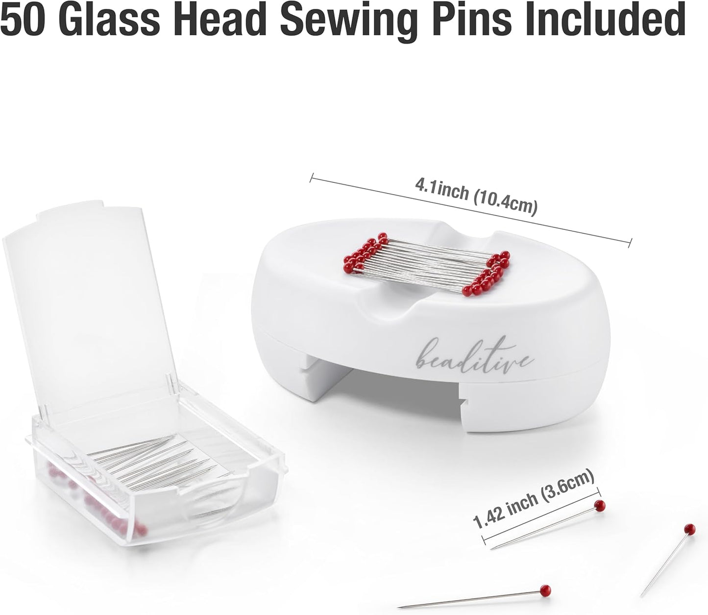 Beaditive Magnetic Pin Cushion with Drawer - Strong Magnet Pin Holder Cushions for Sewing - 50 Glass Head Quilting Pins Included - Chic Pincushion Caddy for Sewing Pins, Paper Clips, Screws – White