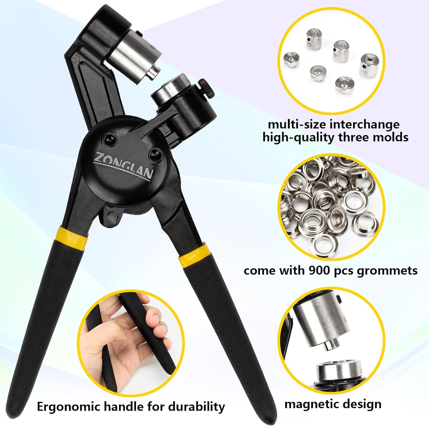 Heavy Duty Grommet Tool Kit of 1/2" 5/16" and 3/8",Multi Size Handheld Eyelet Tool Plier Rivet Press with 900 pcs Silver Grommets for Tarp Leather Fabric