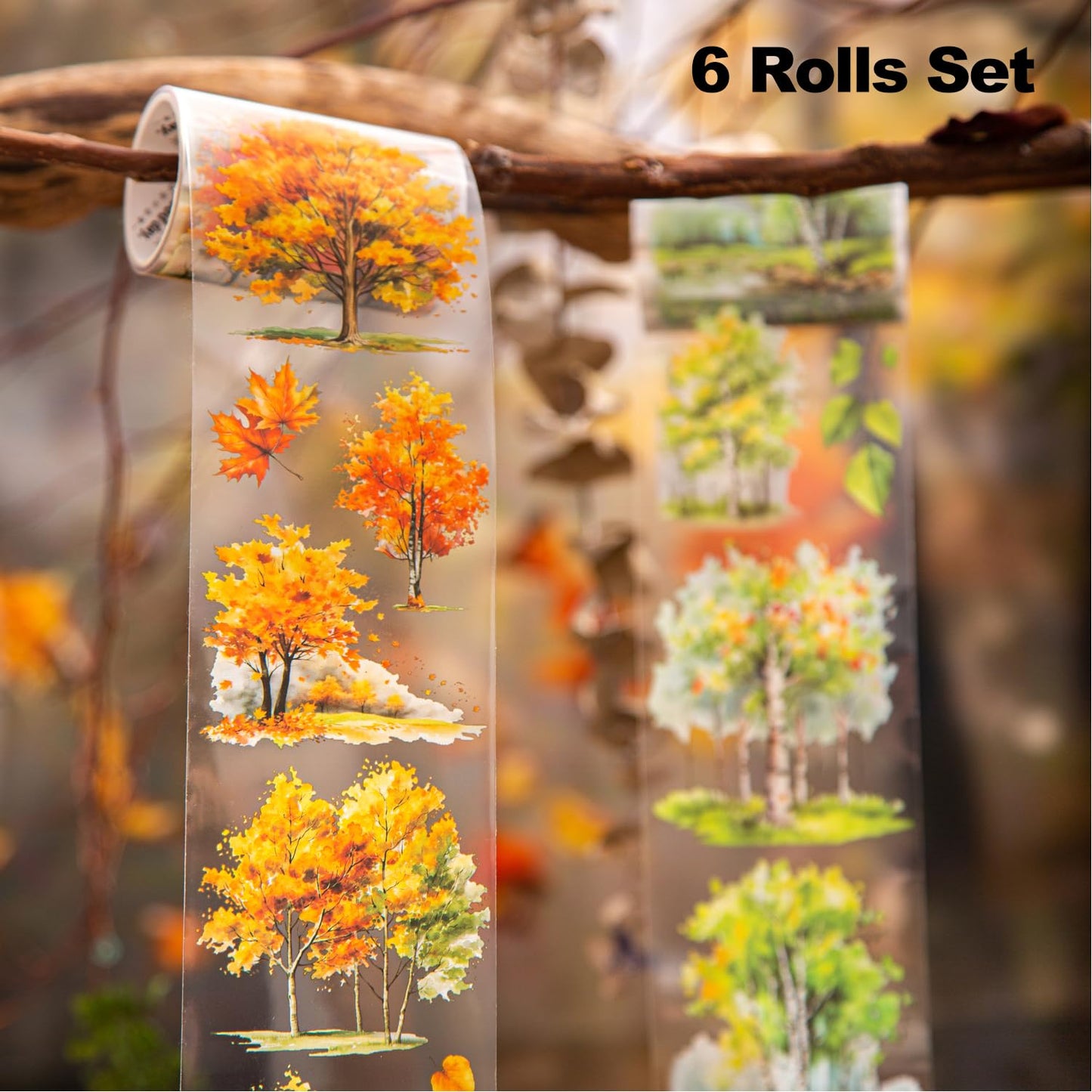6PCS Trees and Forest PET Tape Set, Nature Scenery Adhesive Tapes for Journaling, Scrapbooking, and DIY Crafts, with Decorative Clip