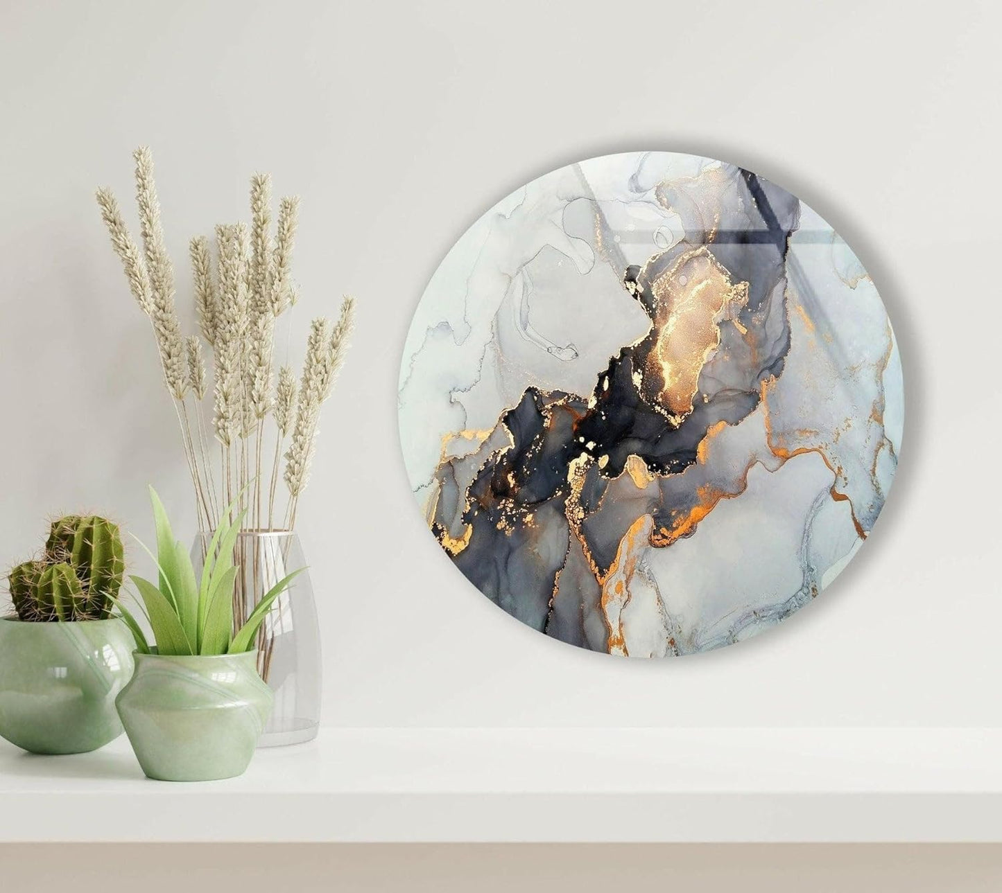 My Photostation.com 20''(50cm) Diameter Gold Details Gray Marble Round Glass Wall Art Tempered Glass Printing Wall Decor Large Wall Art Wall Hangings