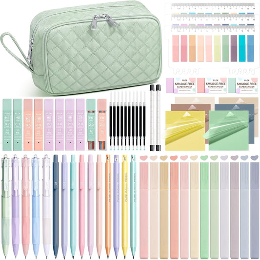 62PCS Aesthetic School Supplies with Cute Pencil Case, Pastel Highlighters Black Ink Gel Pens Mechanical Pencils Kit, Back to School Supplies College Essentials Preppy Stationary Set for Student Girls