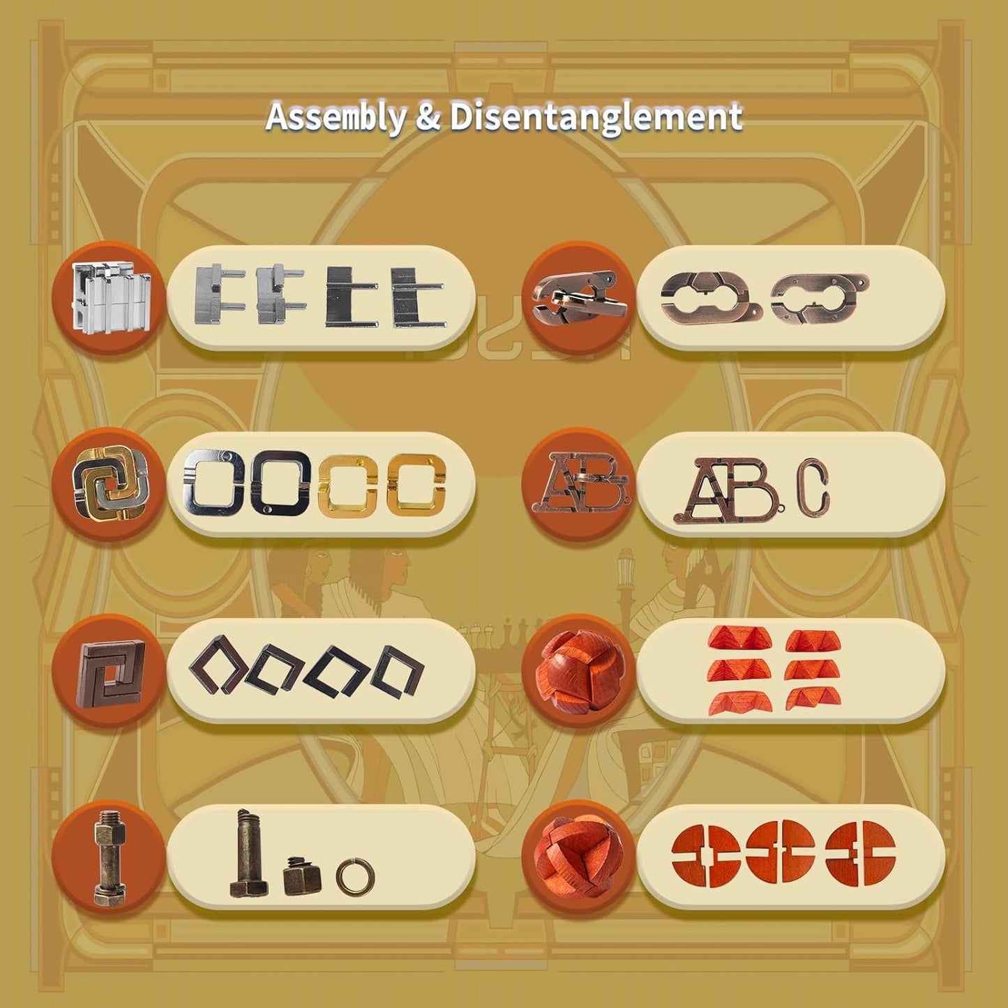 8 Pcs Brain Teaser Puzzles Favor Educational Toys Mind Puzzles Ancient Wooden and Metal 3D Unlock Interlock IQ Puzzles Box Game