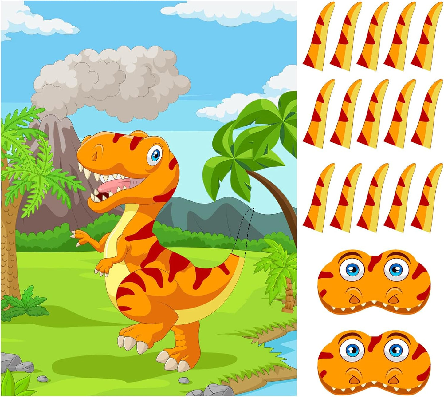 ASTARON Pin The Tail on The Dinosaur Party Game with 30 Tail Stickers for Dinosaur Birthday Party Supplies Pin Game, Boys Party Dinosaur Favors Decorations for Christmas