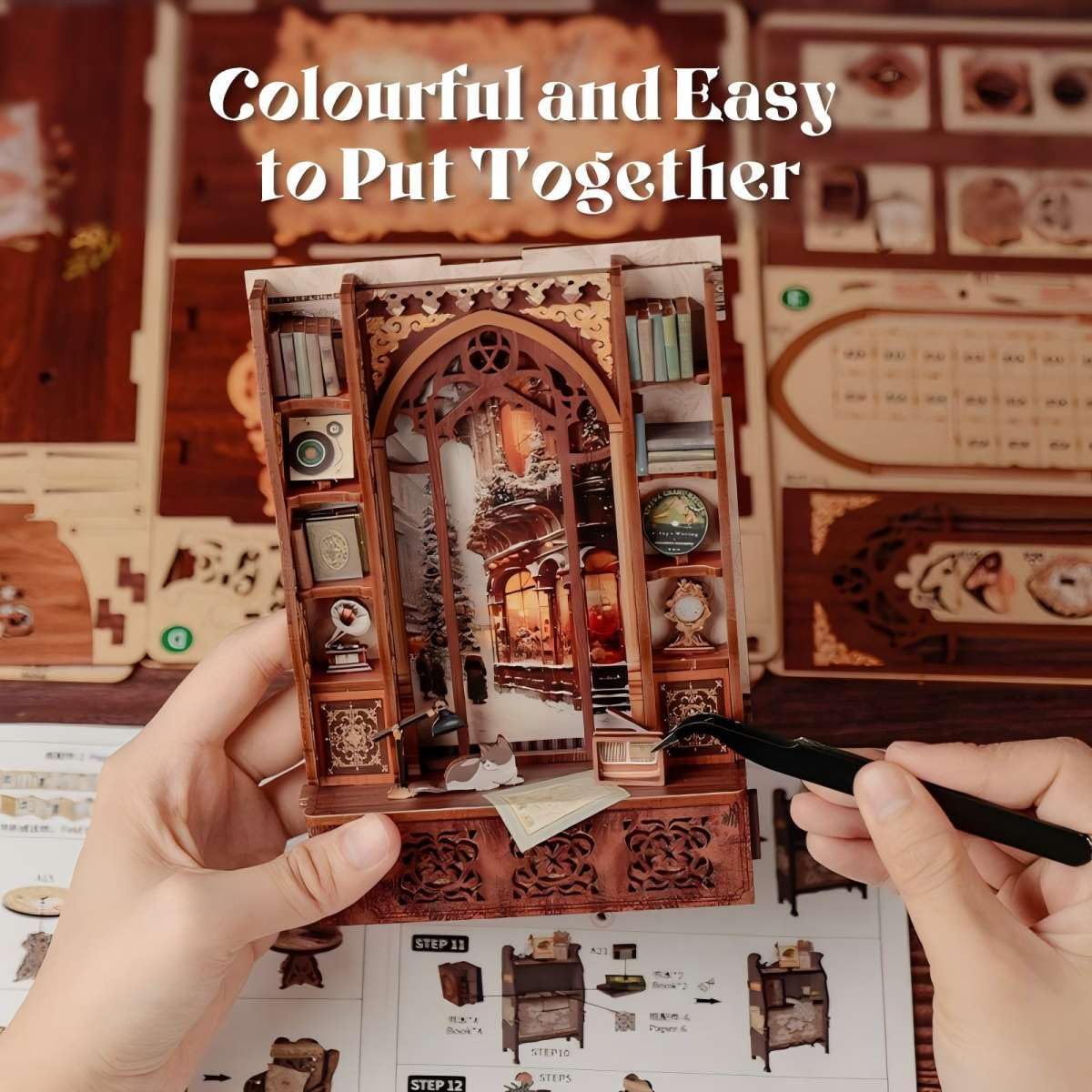 Fsolis Book Nook Kit, DIY Miniature Dollhouse Kit 3D Puzzles for Adults and Beginners, 127 Wooden Pieces, Tiny House Mini Booknook Craft Bookshelf Decor, Gifts for Women Book Lovers(Bookshop Memory)