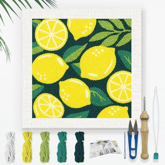 Doodlream Lemon DIY Punch Needle Embroidery Kit for Adult Beginner, 9.4" Lemon Punch Stitching Craft Set for Starter with Frame, Fabric Pattern, Threader, Yarn, Pinch Needle