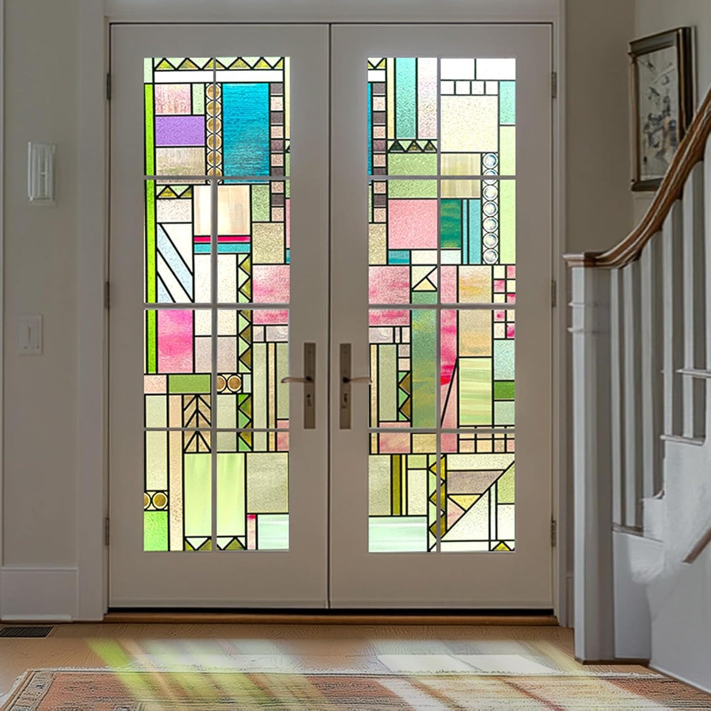 3D Stained Glass Window Privacy Film, Heat Control UV Blocking Static Cling Decorative Window Film for Bathroom,Front Door,Home Non Adhesive 16.9 x 39.3 inches Colorful Abstraction