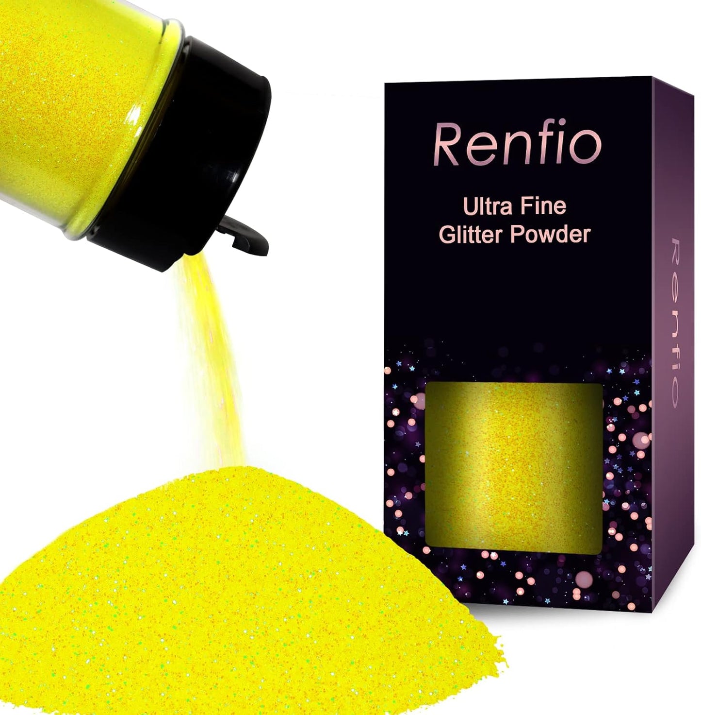Renfio Iridescent Ultra Fine Glitter Powder Resin Supplies Glitters 1.94 Oz (55g) PET Flake Crafts Sequins 1/128" 0.008" 0.2mm Epoxy Chips Flakes for Tumblers Slime Painting - Fluorescent Yellow