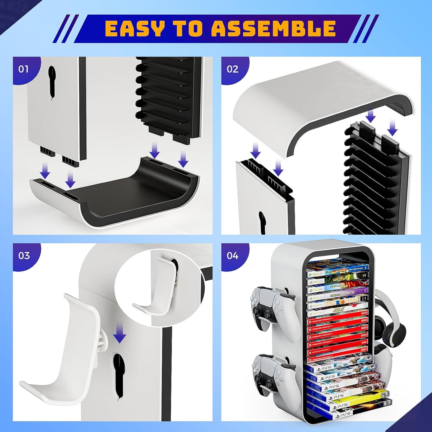 Allnice Universal Game Rack - Stores 19 Games, 4 Controller Holders, Organizes PS5/PS4/Xbox One/360/Series X/S/Switch & More