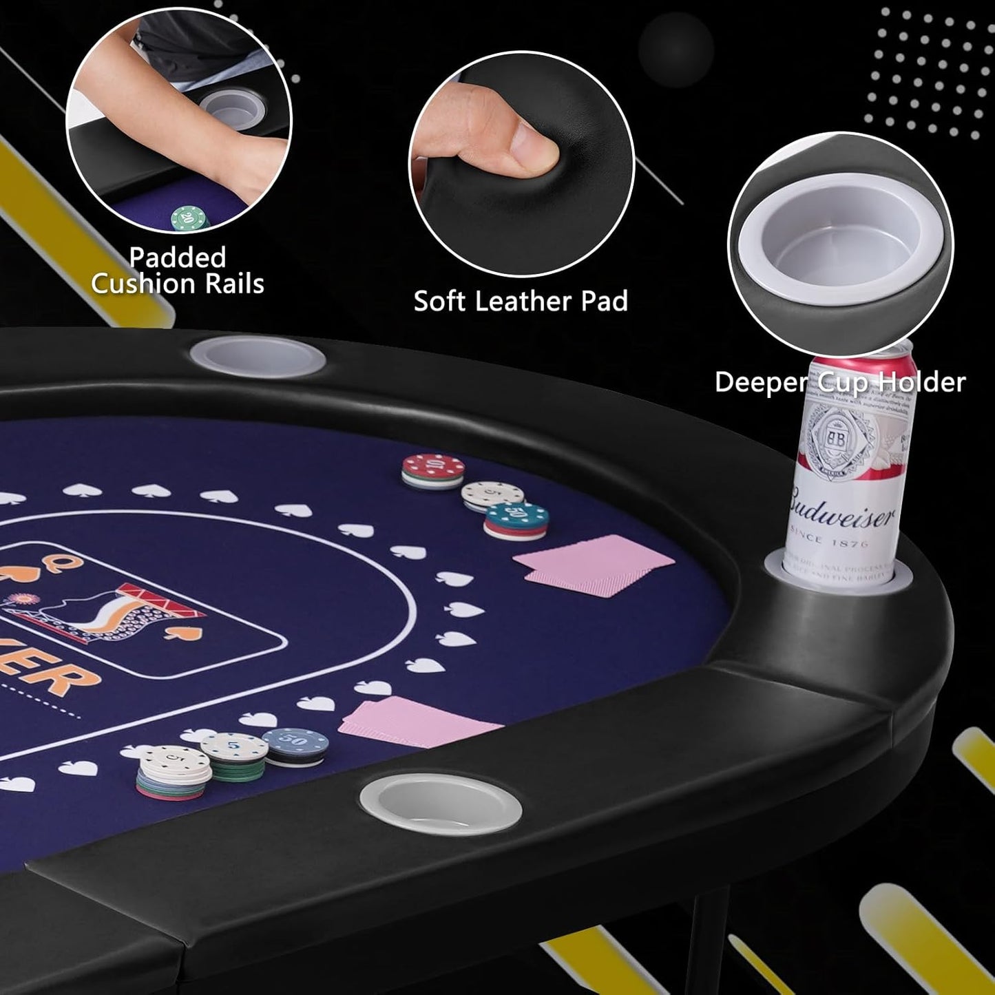 71" Foldable Poker Table for 8 Players, Professional Texas Hold'em Casino Table with Padded Rails& Cup Holders, Casino-Grade Felt Folding Game Table for Blackjack, Home, Parties, Game Nights
