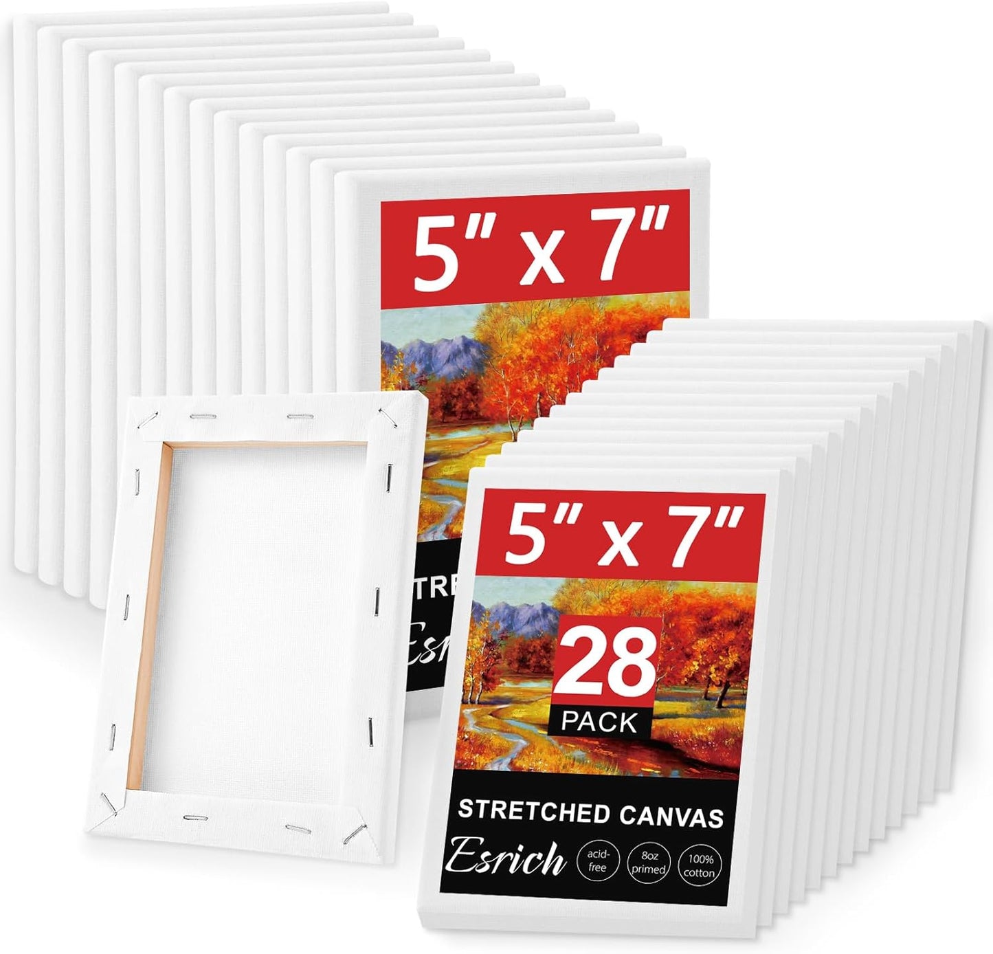 ESRICH Stretched Canvas for Painting 5x7, 28 Pack Small Canvases 5/8" Profile Primed Acid-Free Blank Canvas for Kids & Artists