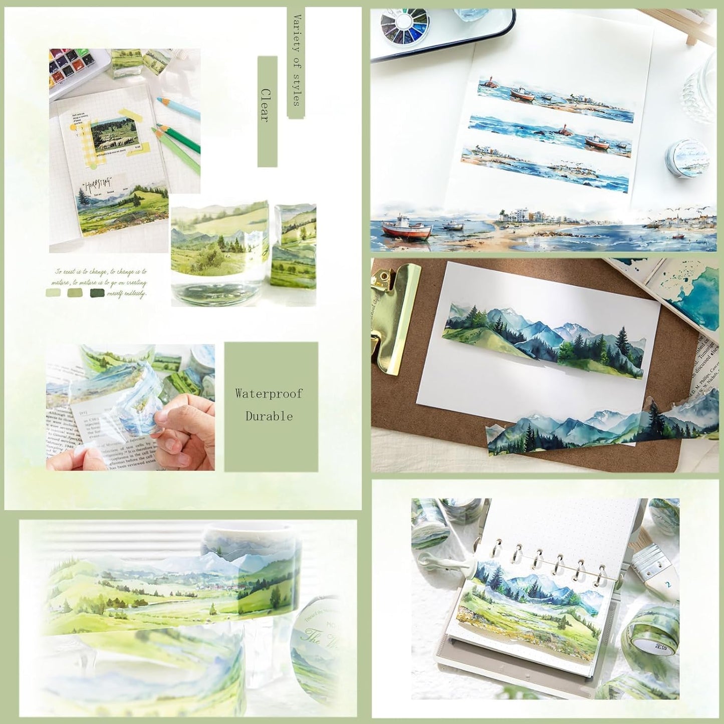 6 Rolls Landscape PET Tape,Transparent Nature Stickers for Scrapbook Supplies,Diaries,DIY Craft,Junk Journal,Album,Journaling(Mountain)