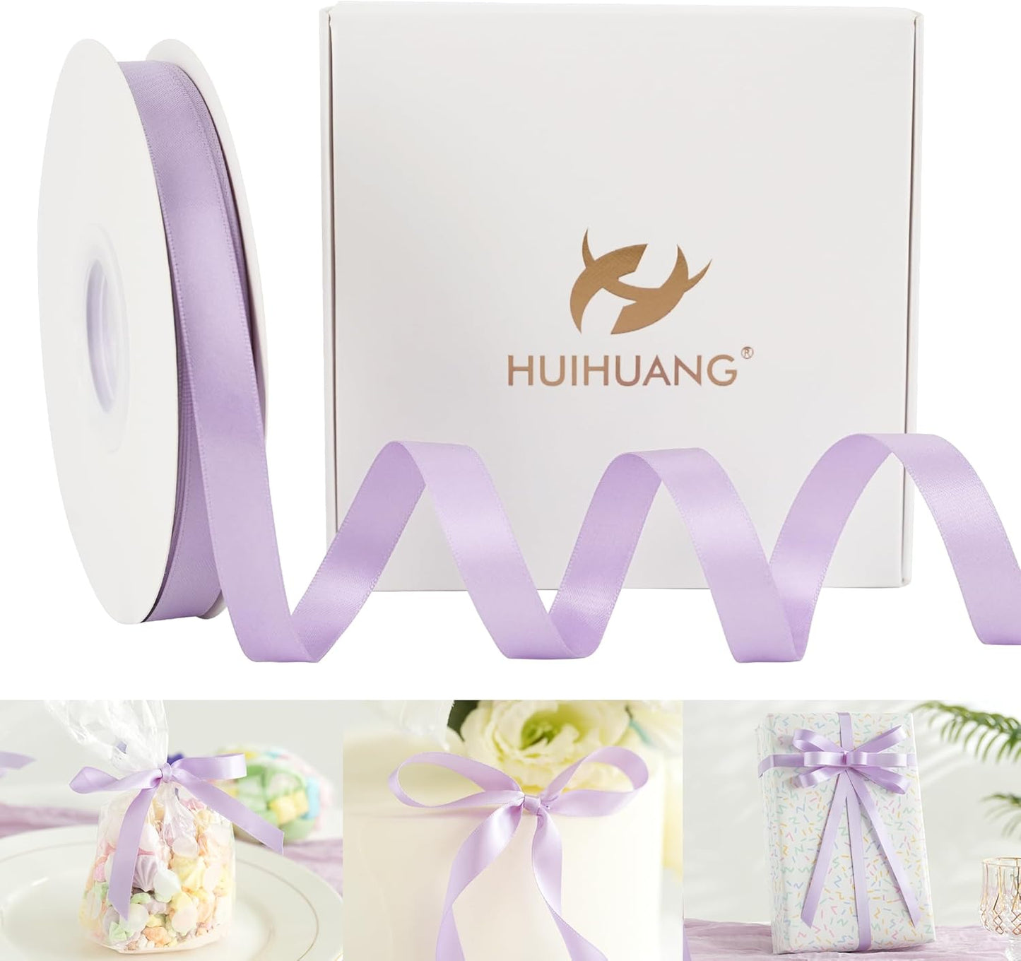 HUIHUANG Lavender Satin Ribbon 1/2 inch X 50 Yards Continuous, Purple Double-Faced Satin Ribbon for Gift Wrapping, Bows, DIY Crafts, Flower Bouquet, Wedding Bridal Shower Decor, Flower Crown