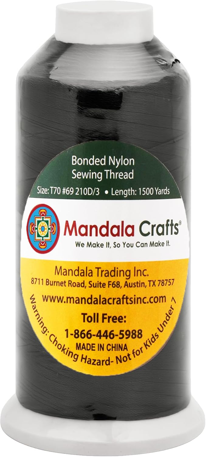 Mandala Crafts Bonded Nylon Thread Black Heavy Duty Sewing Threads - 1500 YDs Size 69 210D T70 Tex 70 Thread for Leather Jeans Weaving Outdoor Marine Upholstery Threads