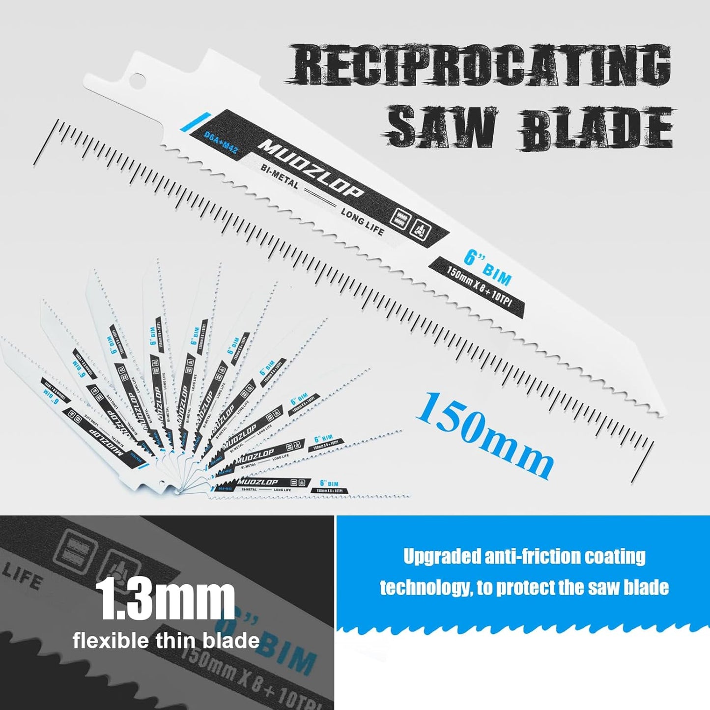 10Pack 6 inch Reciprocating Saw Blades Set,8+10 TPI High Carbon Saw Blades, Metal Saw Blades with Organizer Case (10, 8+10TPI/150mm)