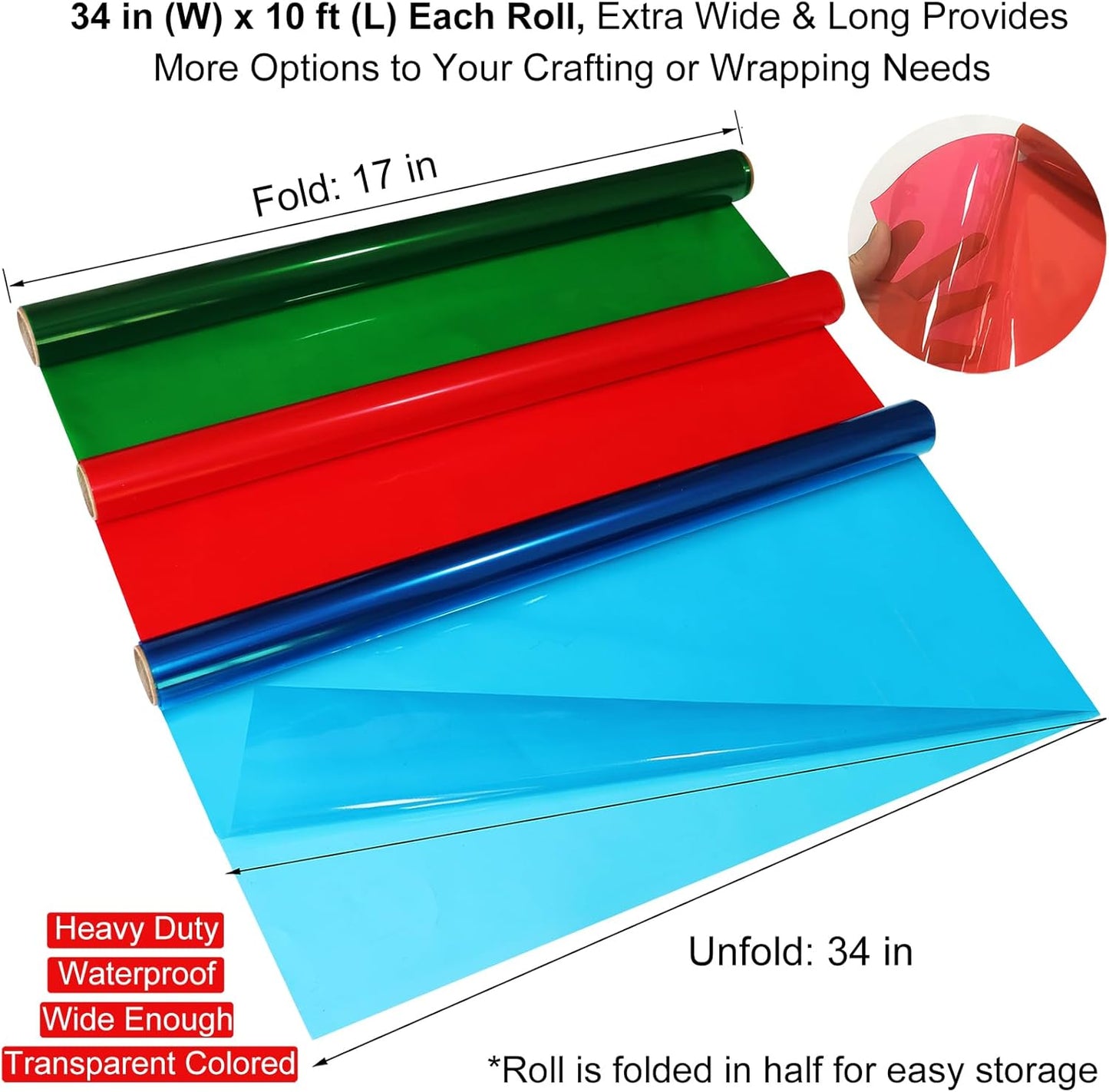 SYOGUA 8 Rolls Colored Cellophane Wrap, Extra Wide (34 in x 10 ft x 8 Colors) Cellophane Roll Transparent Color Cellophane Paper for Gift Baskets, Gift Wrapping, DIY Craft, Christmas Decoration