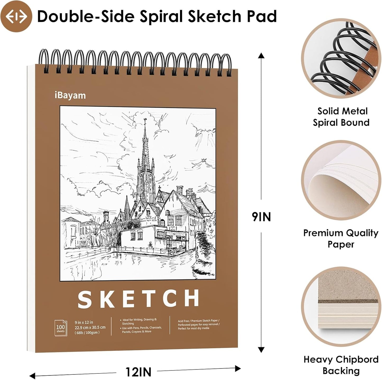 iBayam 9" x 12" Sketch Book Set, 2-Pack Spiral Bound Drawing Paper, 200 Sheets (68lb/100gsm) Premium Sketchbook, Acid-Free Art Drawing Painting Sketching Pad Supplies for Kids, Teens, Adults, Artists