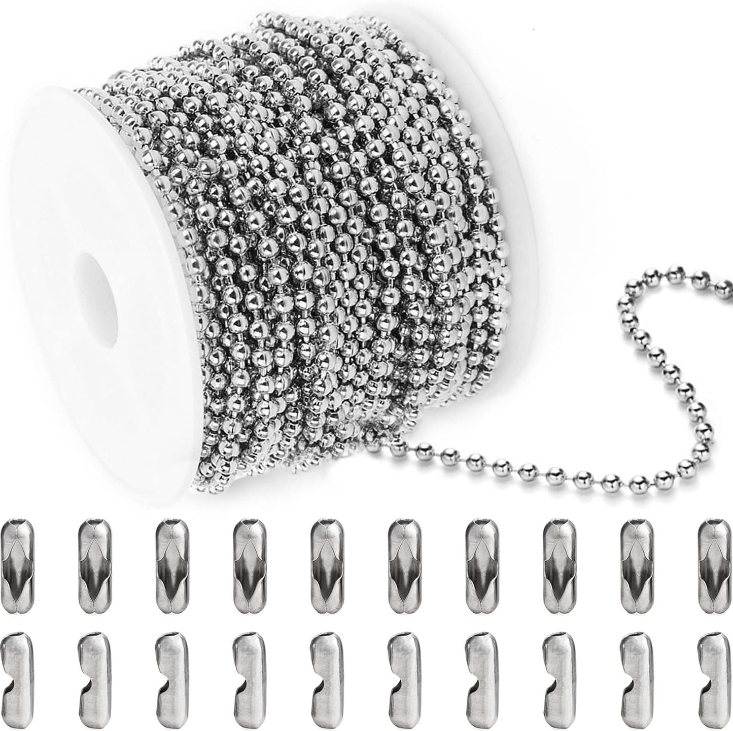 Jishi Steel Ball Chain Bead Dog Tag Chain Beaded Necklace Chains for Jewelry Making Bracelet Military Crafts, Silver Metal Pull Chain Small Ball Bead Chain Roll w/20 Connectors (Silver, 33ft 3.0mm)