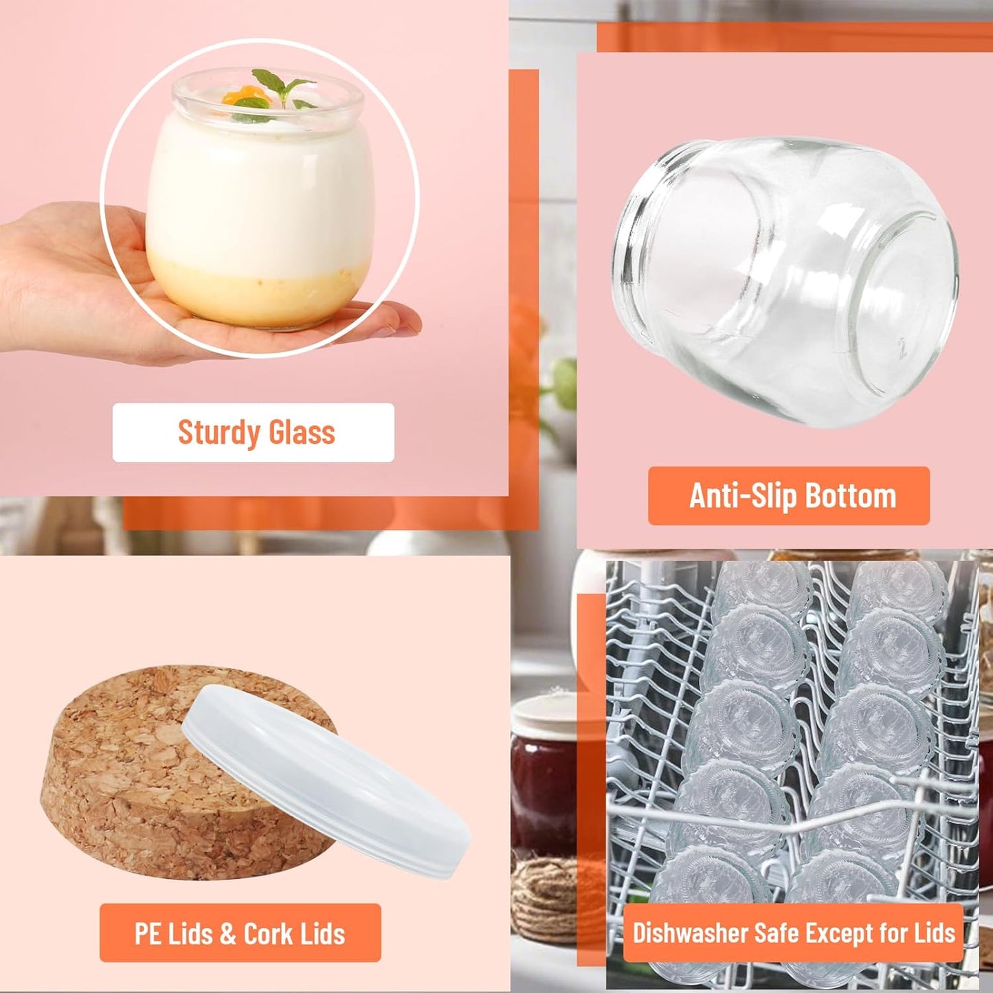 7oz Glass Jars with Cork & PE Lids 20Pack, Small Glass Pudding Jar for Wedding Favors, Milk, Jams and DIY Gift, Yogurt Jars with Tags and Twine Included