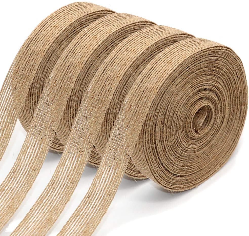 4 Rolls of Natural Burlap Fabric with Burlap Ribbon for Christmas Tree Gift Wrapping Wedding Event Party Home Bows Crafts Decoration, 11 Yards Long 0.8 inch Wide Each Roll (Natural)