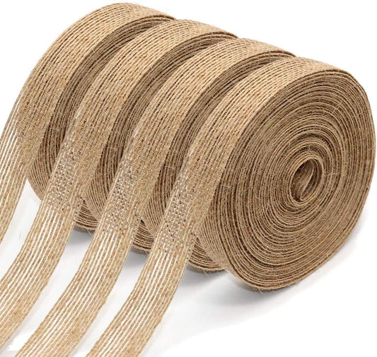 4 Rolls of Natural Burlap Fabric with Burlap Ribbon for Christmas Tree Gift Wrapping Wedding Event Party Home Bows Crafts Decoration, 11 Yards Long 0.8 inch Wide Each Roll (Natural)