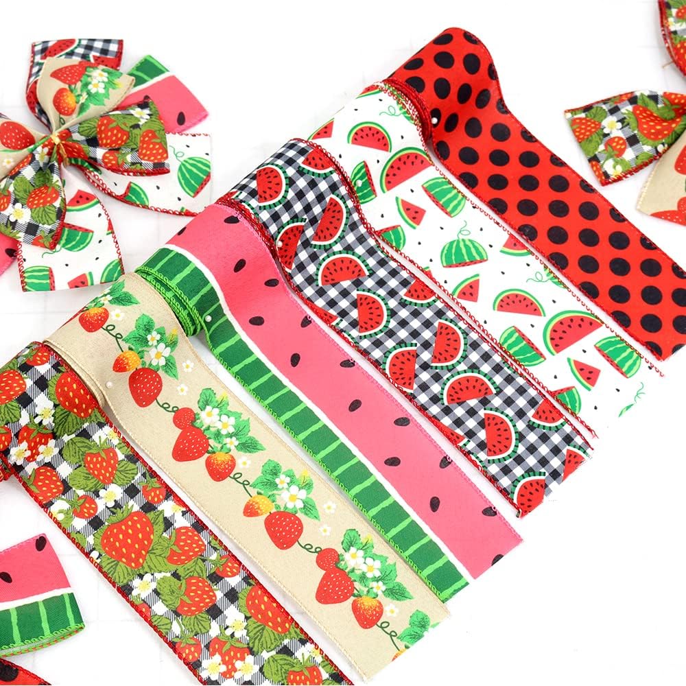 2.5" Watermelon and Strawberry Ribbon,Summer Craft Wire Edged Ribbon,Checks,Polka Dots,Watermelon Slices,Strawberries and Flowers Faux Linen Ribbons for Floral Arrangements, Packages and Home Decor.