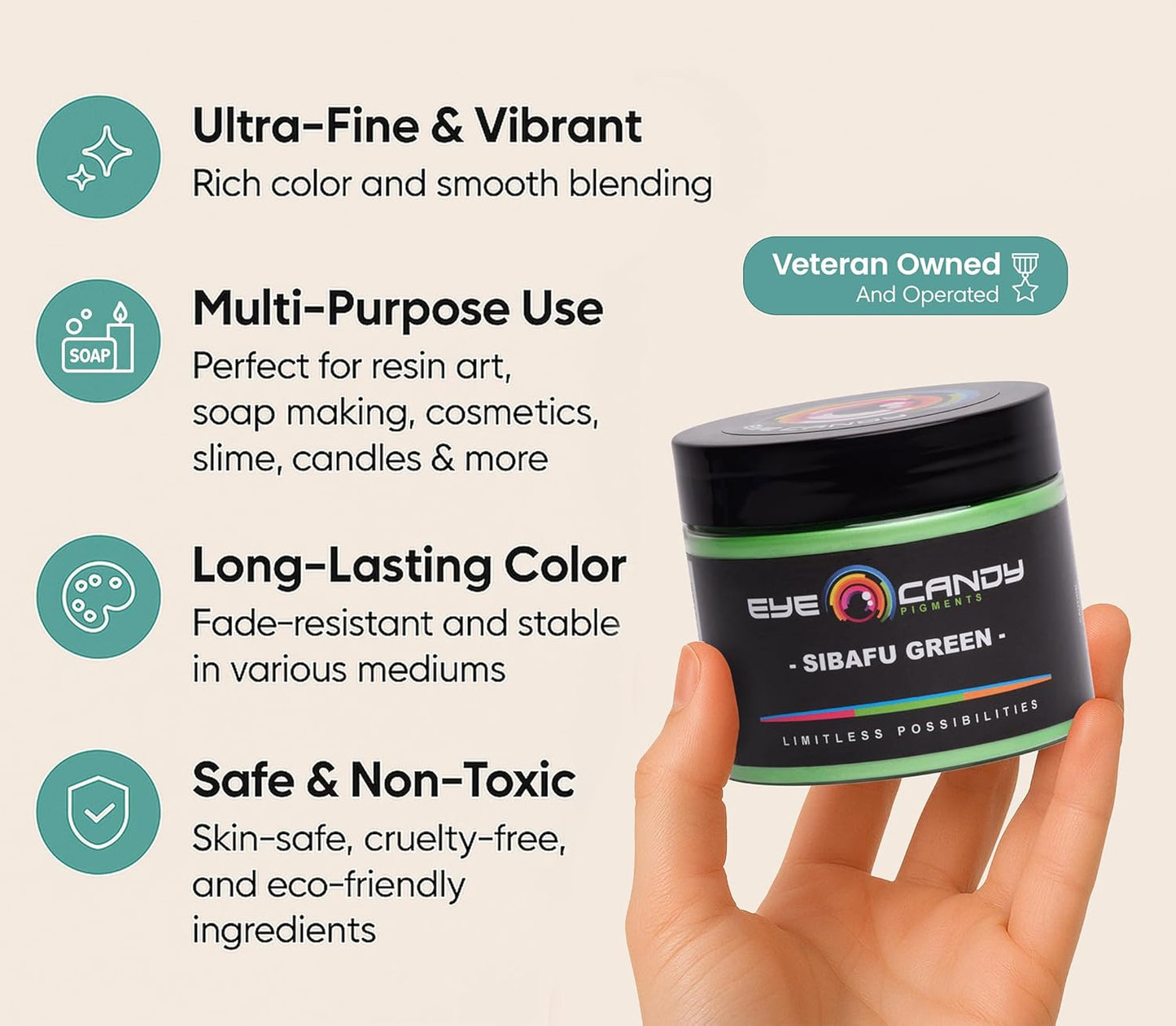 Eye Candy Pigments Premium Green Mica Powder - Sibafu Green (50gr) - for Epoxy, Resin, Soap, Paint, Woodworking, Acrylic Pouring, Bath Bombs, Fishing Lures - DIY Arts and Crafts Additive