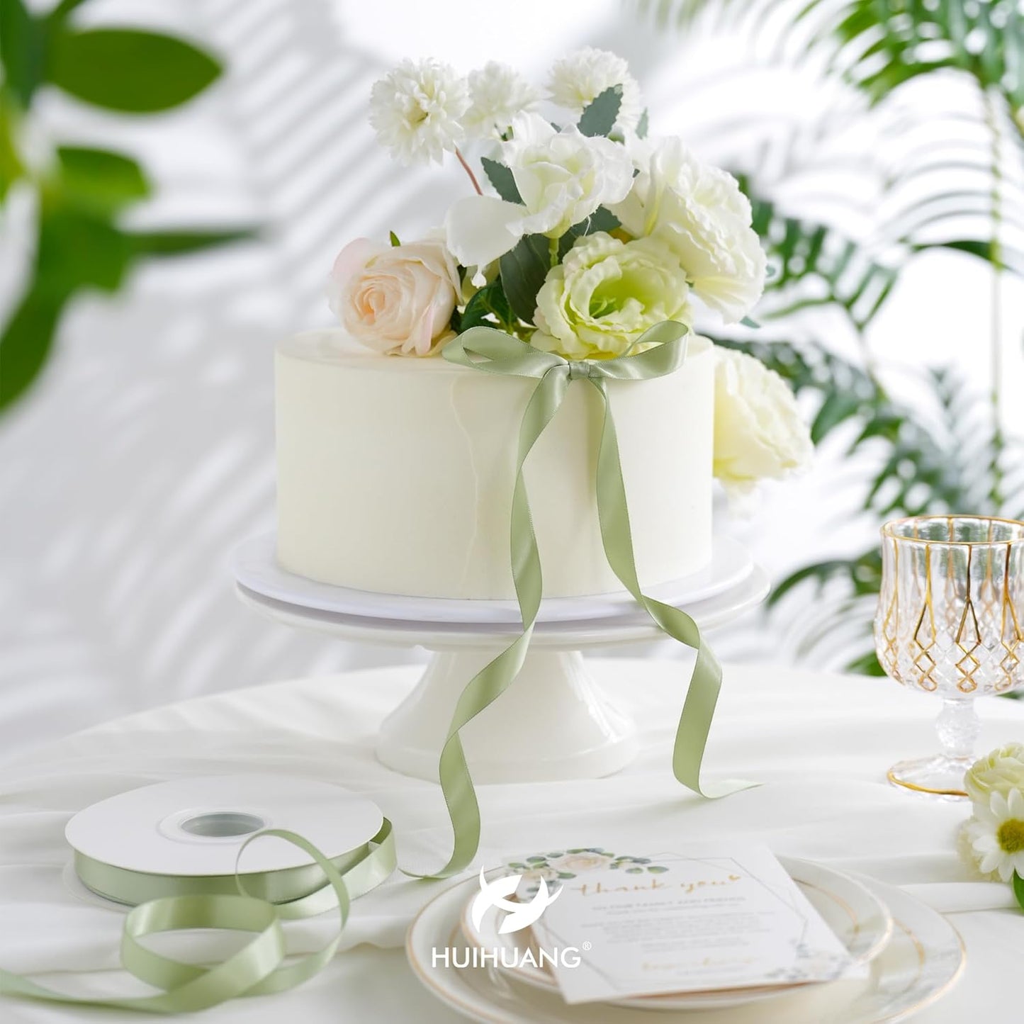 HUIHUANG Sage Green Double Faced Satin Ribbon 1/2 inch X 50 Yards Continuous, Dusty Sage Satin Ribbon for Gift Wrapping, Bows, DIY Crafts, Flower Bouquet, Bridal Shower Wedding Decor