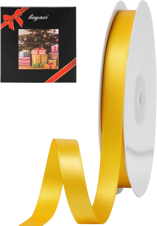 LIUYAXI Yellow Stain Ribbon, 5/8" X Continuous 50 Yards, Double Faced Fabric Ribbon Perfect for Gift Wrapping Wedding Birthday Party Christmas Hair Floral Craft Baby Shower