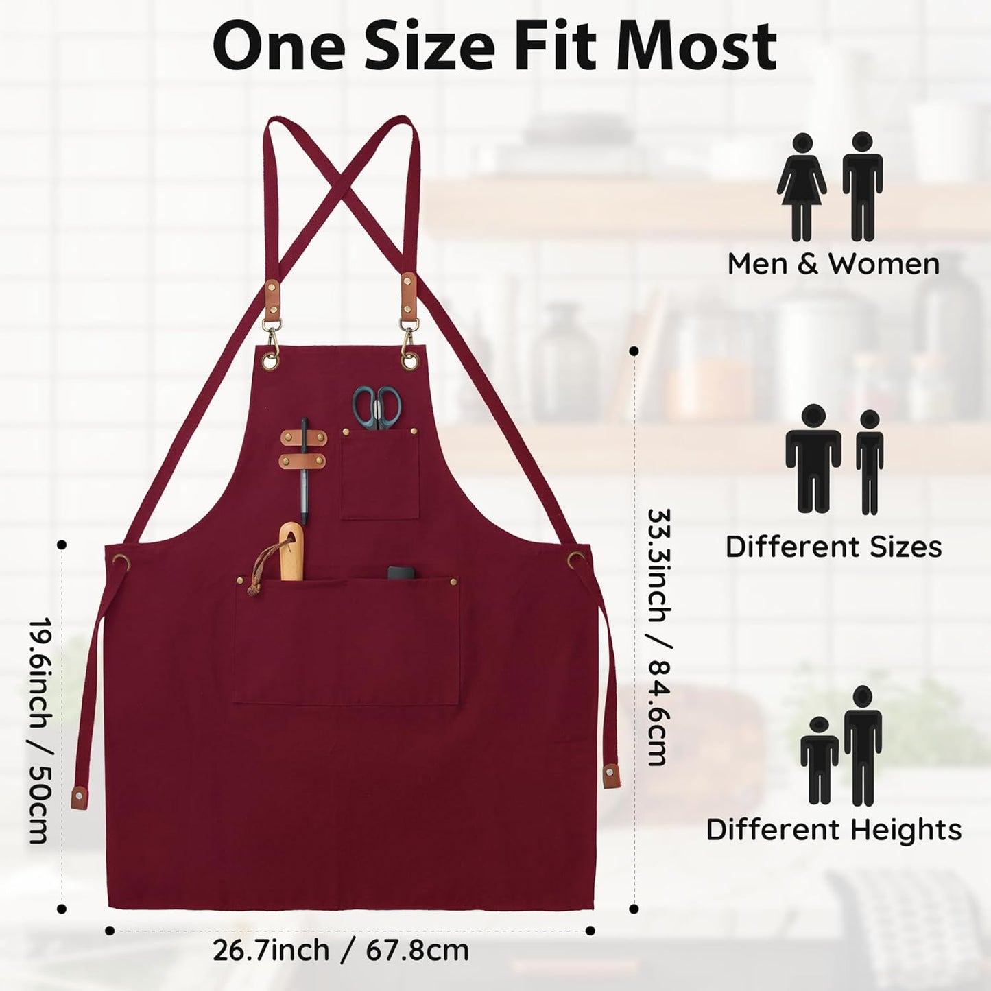 Canvas Aprons, Kitchen Chef Aprons, Work Aprons for Men Women, Adjustable Strap Aprons with 3 Pockets