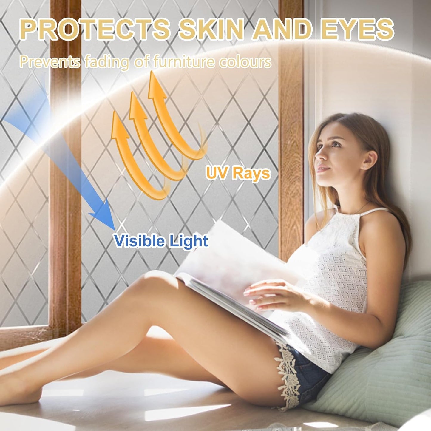 Window Privacy Film Decorative for Front Door, Bathroom Static Cling Stained Glass Sticker Opaque Heat Control UV Blocking Non-Adhesive for Home,Grid 17.5 x 78.7 inches