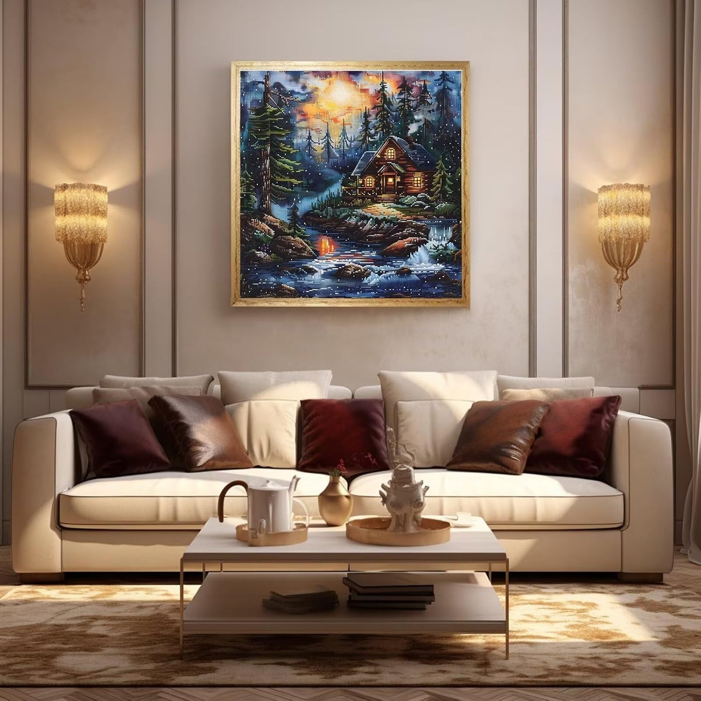 Xinpinzhou Creek Landscape 11ct Cross Stitch Kits, 11 CT Funny Pre Printed Counted Stamped Cross Stitch Embroidery Needlepoint Needlework Patterns Kits for Beginners Adults Crossstitch 40x40 cm