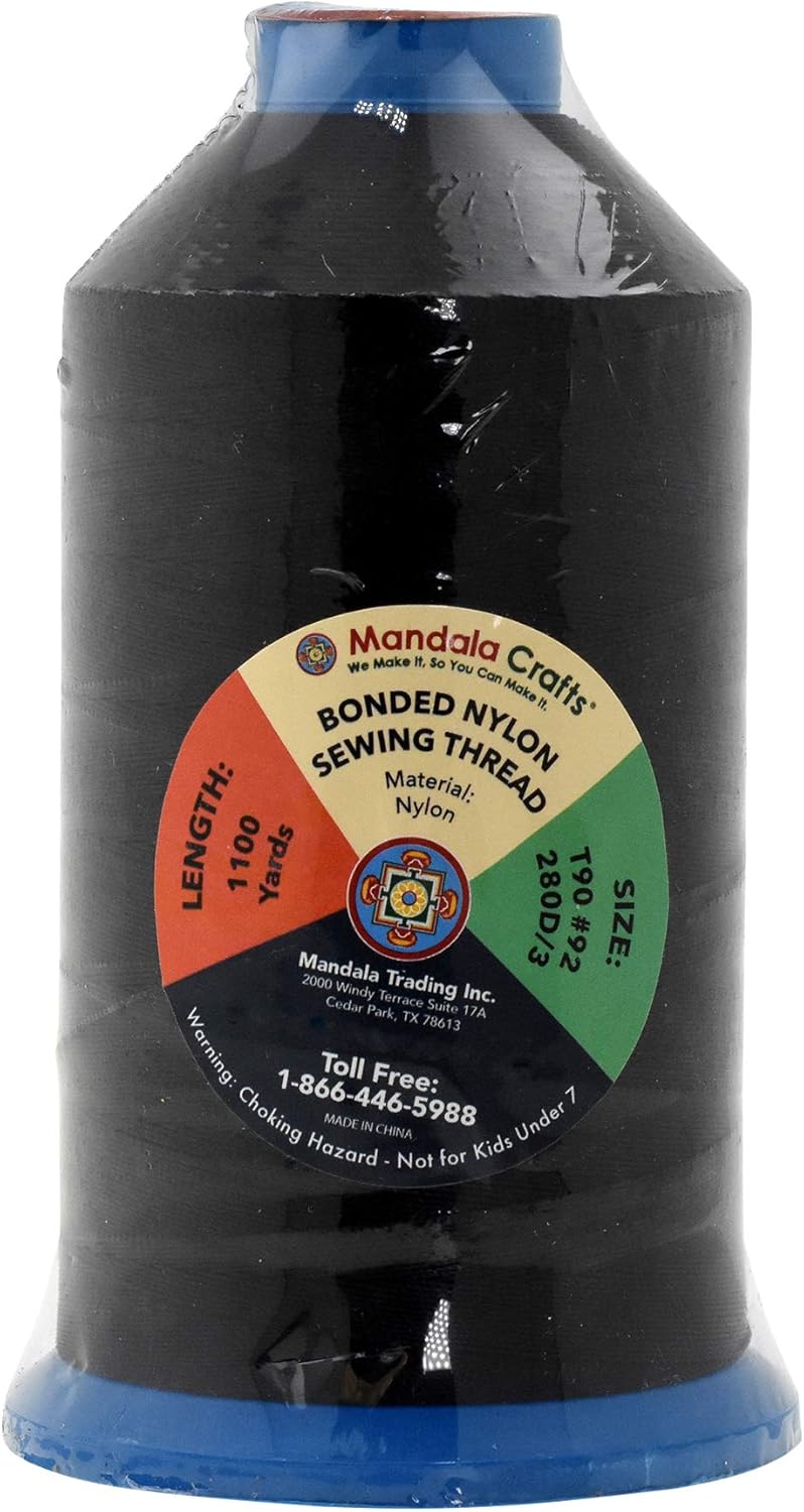 Mandala Crafts Bonded Nylon Thread Black Heavy Duty Sewing Threads - 1100 YDs Size 92 280D T90 Tex 90 Thread for Leather Jeans Weaving Outdoor Marine Upholstery Threads
