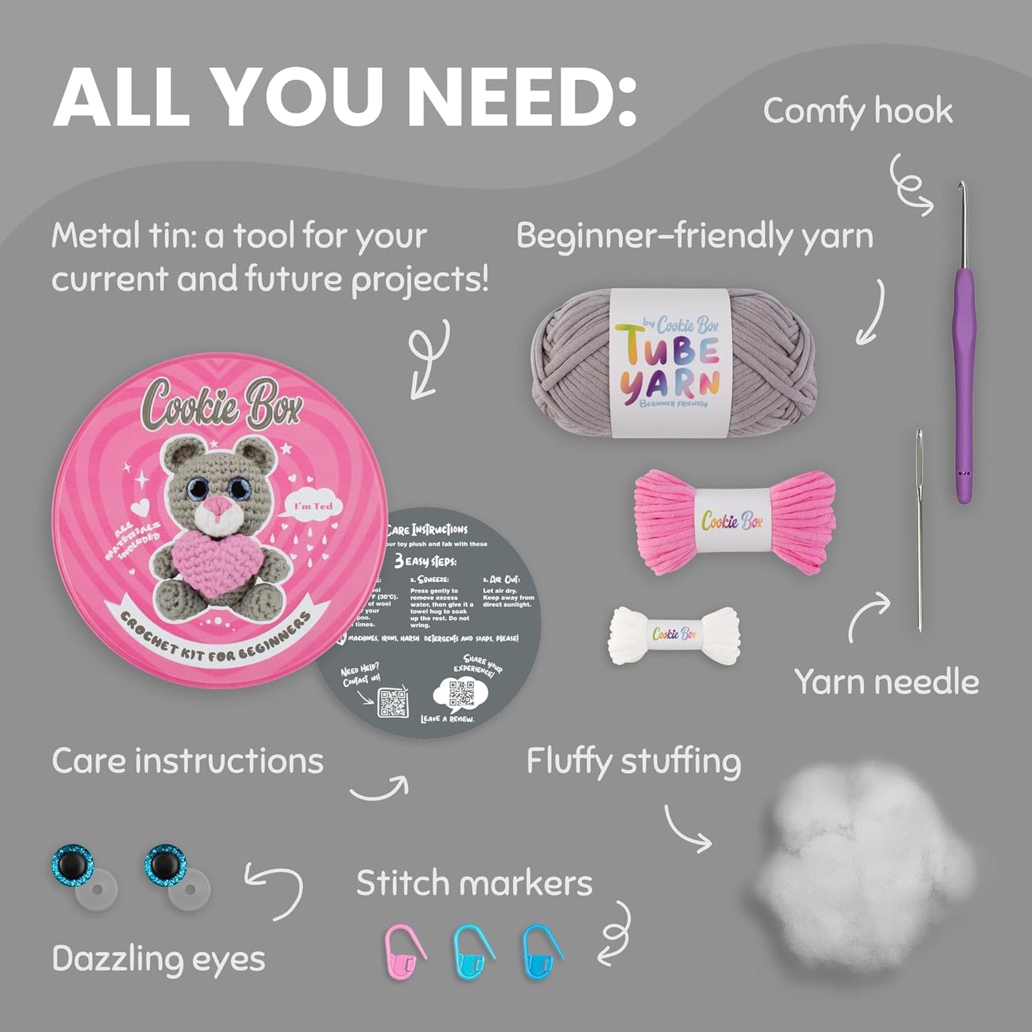 Cookie Box Crochet Kit for Beginners – Gift Set to Make Bear Ted Amigurumi Plushie – Easy DIY Crochet & Knitting Starter Kit with Video and PDF Tutorials