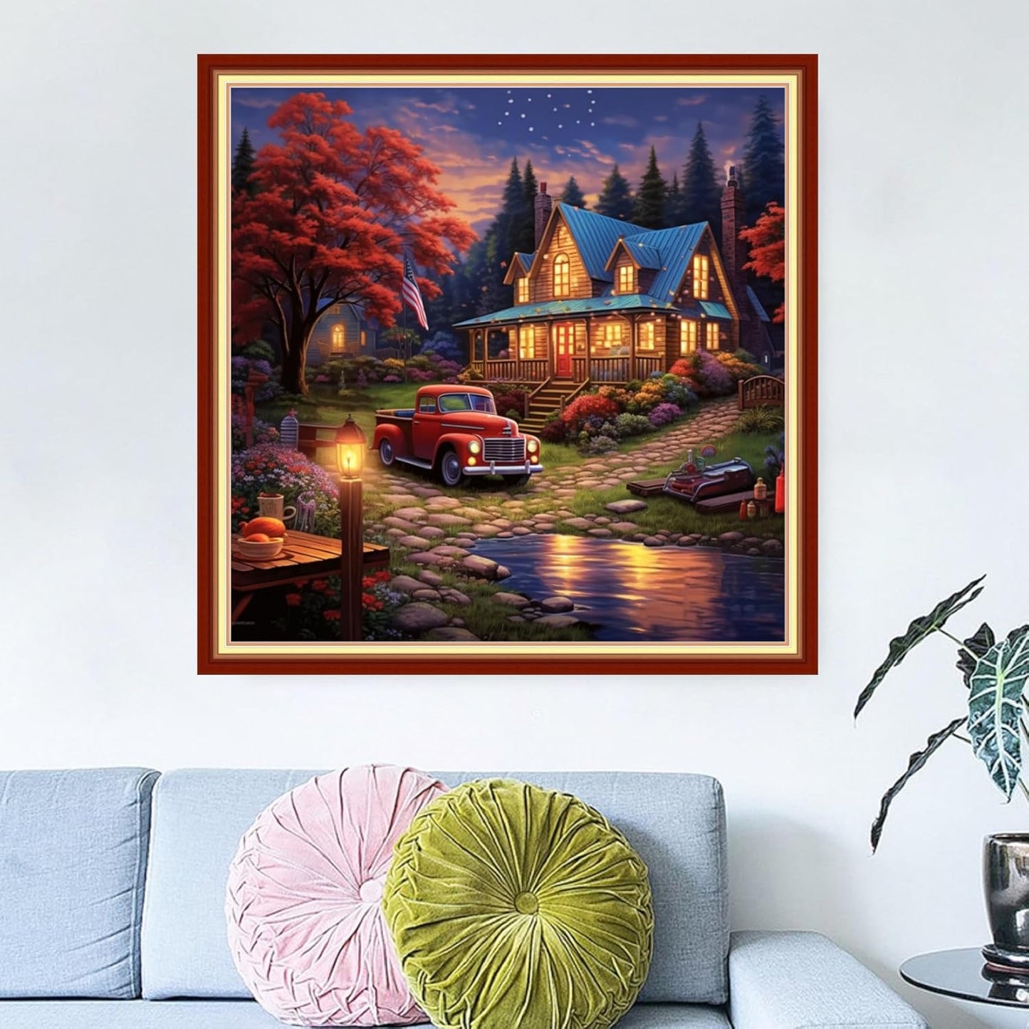 Dimensean Stamped Cross Stitch Kits Full Range of Embroidery Patterns Starter Kits for Beginners Adult or Kids DIY Cross Stitches Needlepoint Kits 11CT-Night View of The Cabin 18x18 inch