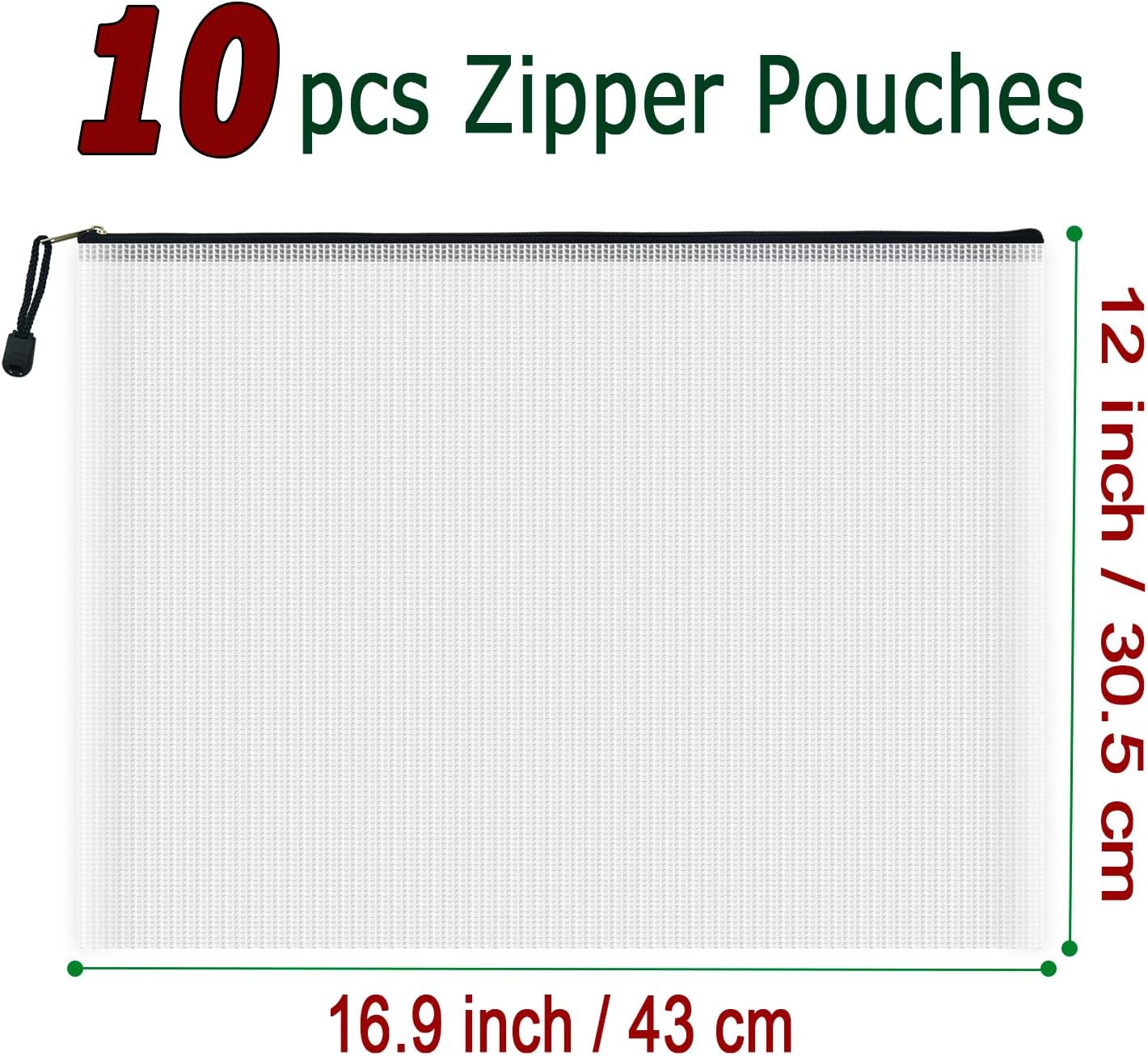AUSTARK 10 Pcs Zipper File Bags, Waterproof Plastic Mesh Pouch for Office School, Board Game Storage Bags (A3 Size 16.9''x12'', White and Black)