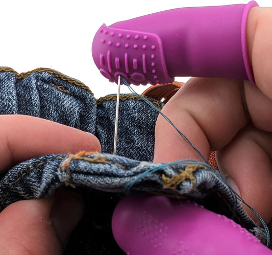 FLEX Thimbles | 9-Pack | 3X-Thick THIK-TIP Medium (3) + Standard Purple Finger Protectors 1x Thick - Small (3) and Large (3) | Mat (1) | Set of Large Eye Sewing Needles (1)