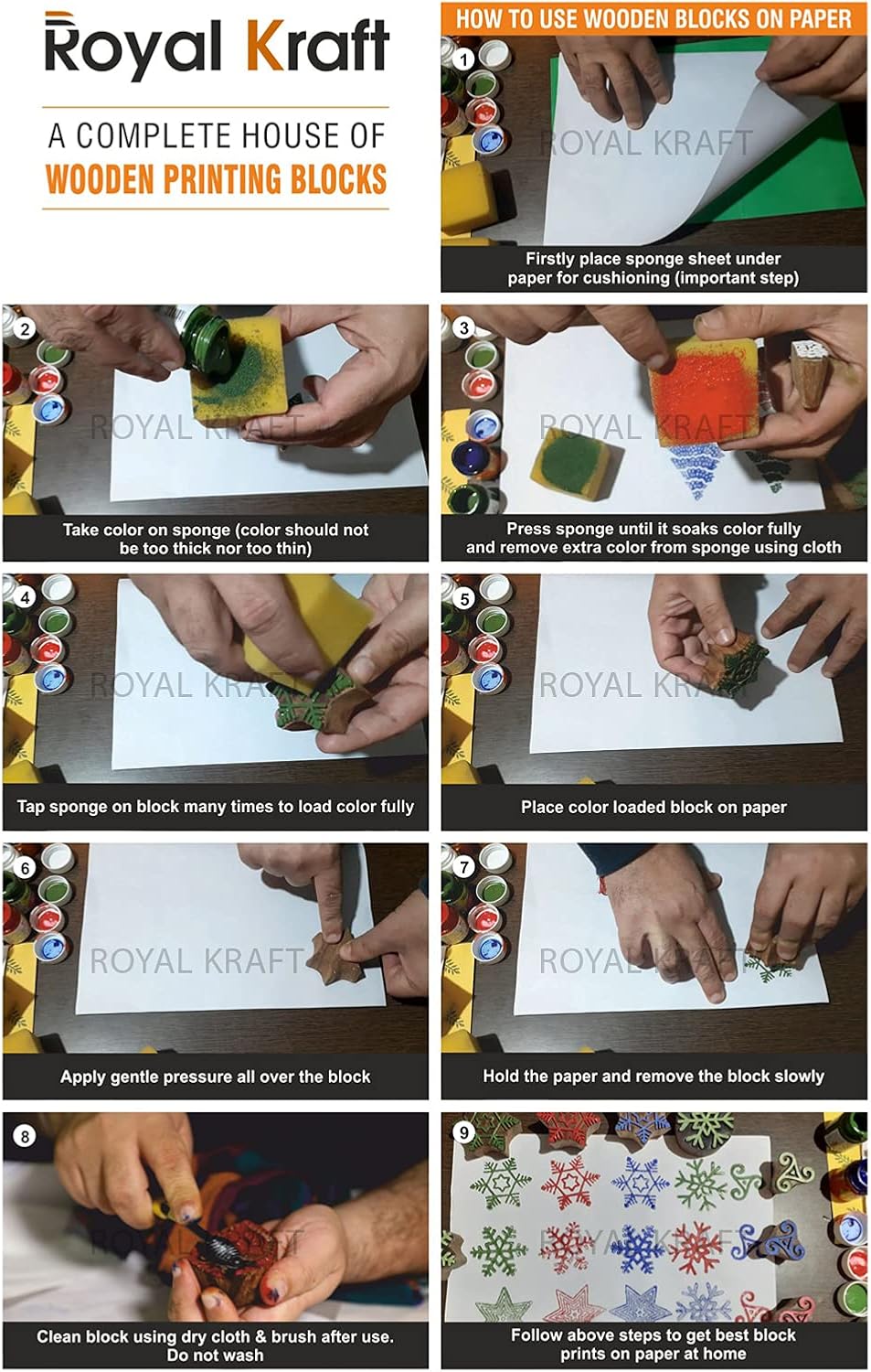 Royal Kraft Wooden Stamps for Block Printing on Saree Border, Textile, Clay, Pottery, Tattoo (Set of 10) MXtag0011